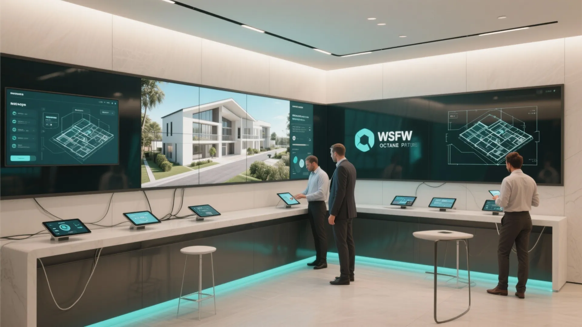 Professional showroom showing large digital screens displaying house exterior views and detailed interior design drawing layout