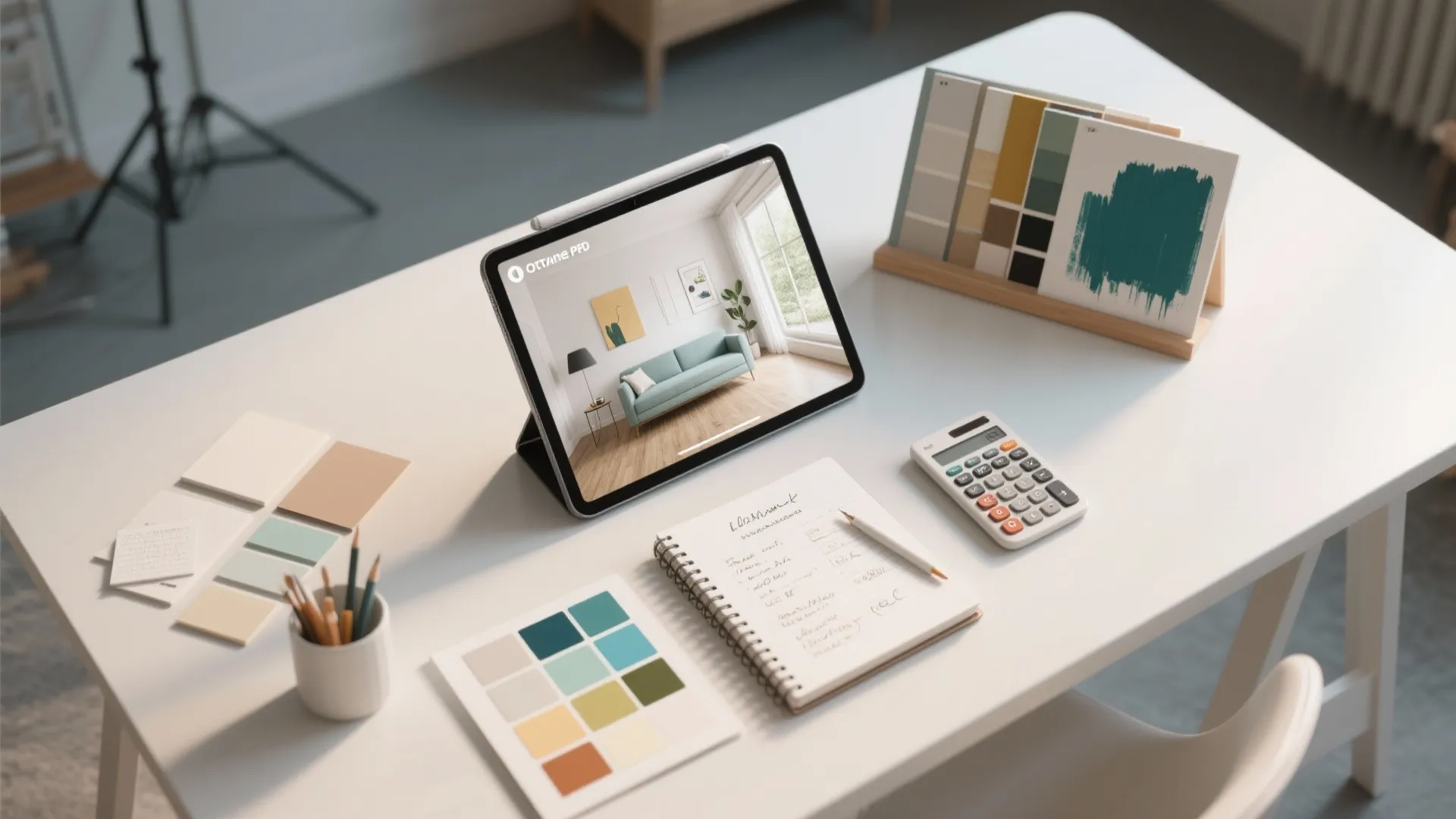 Top-down of a tablet with a 3D render, paint sample boards and notes used to preview paint choices.