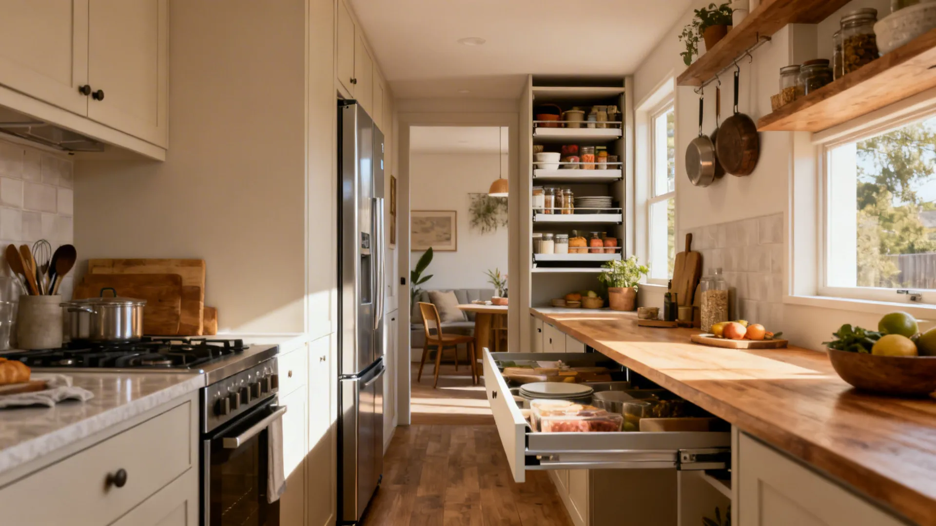 Visualization of a narrow galley kitchen showing layout solutions like slim fridge and pull-out pantry.