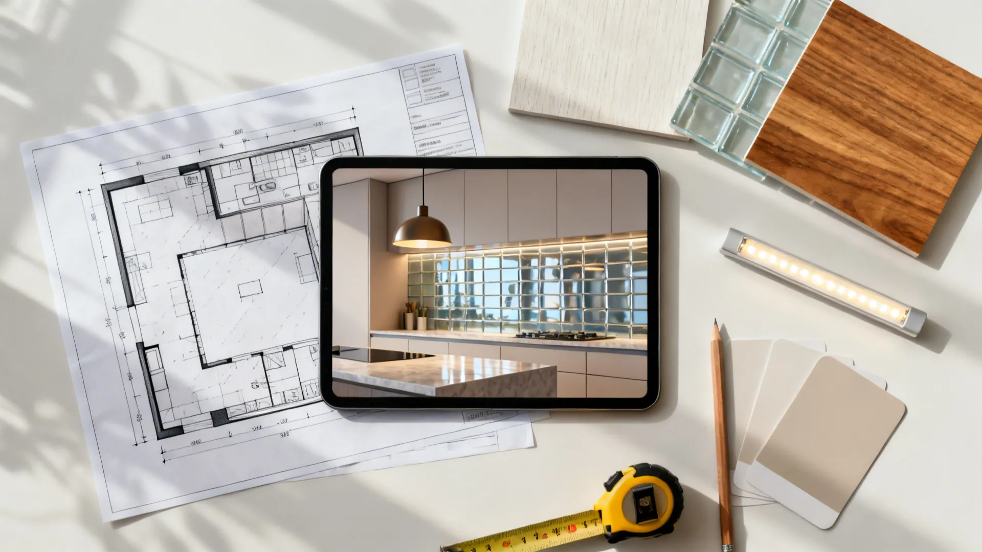 Flat lay of a kitchen plan, tablet with 3D render, and swatches of wood, glass, and paint.