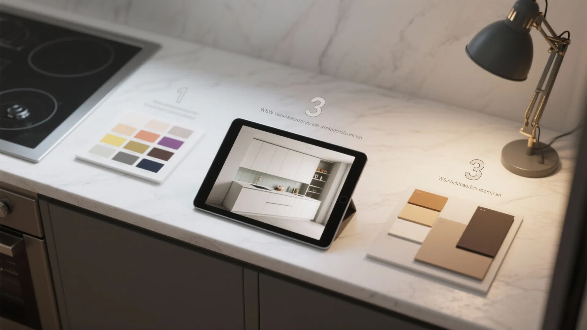 Top-down view of a 3-step kitchen visualization workflow with swatches, tablet mockup, and lighting test