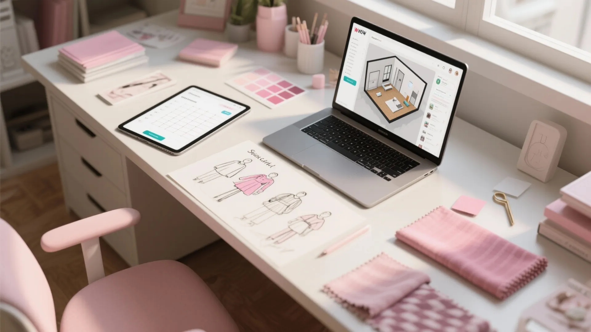 Designer desk with outfit sketches, tablet planner, fabric swatches and a 3D floor planner on laptop.