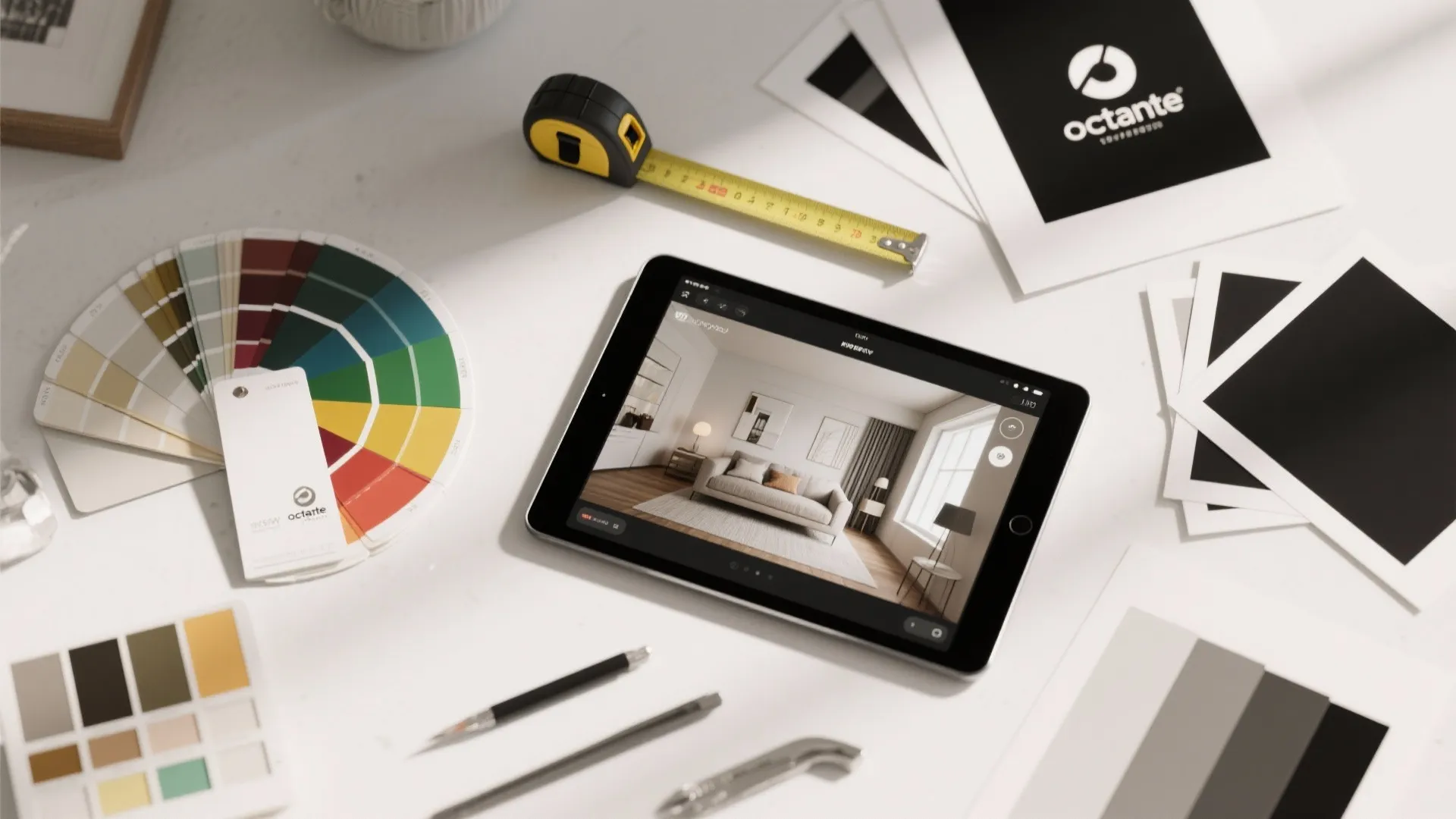 Tablet showing living room design on desk with color swatches tape measure and paper sheets