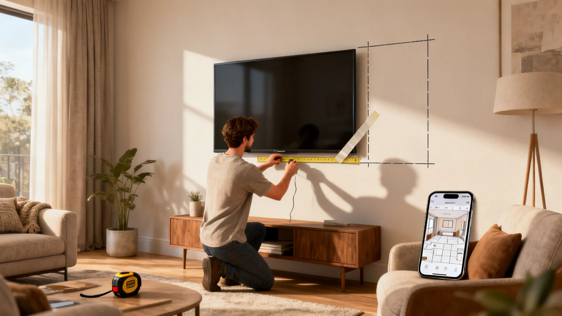 Person taping a TV outline on a wall with a room-planner app open, visualizing screen size before purchase.
