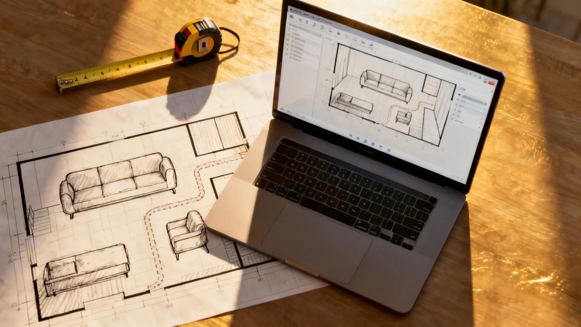 Top-down view of a laptop showing a room planner, measuring tape and a sketched floor plan.