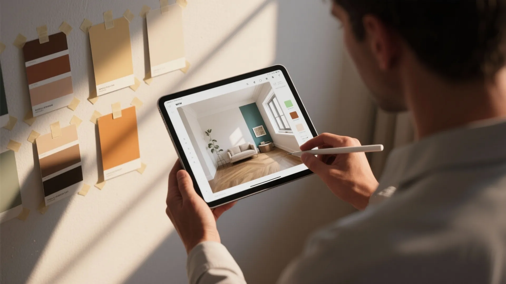Top-down view of a tablet showing a room mockup next to paint test panels and swatches.
