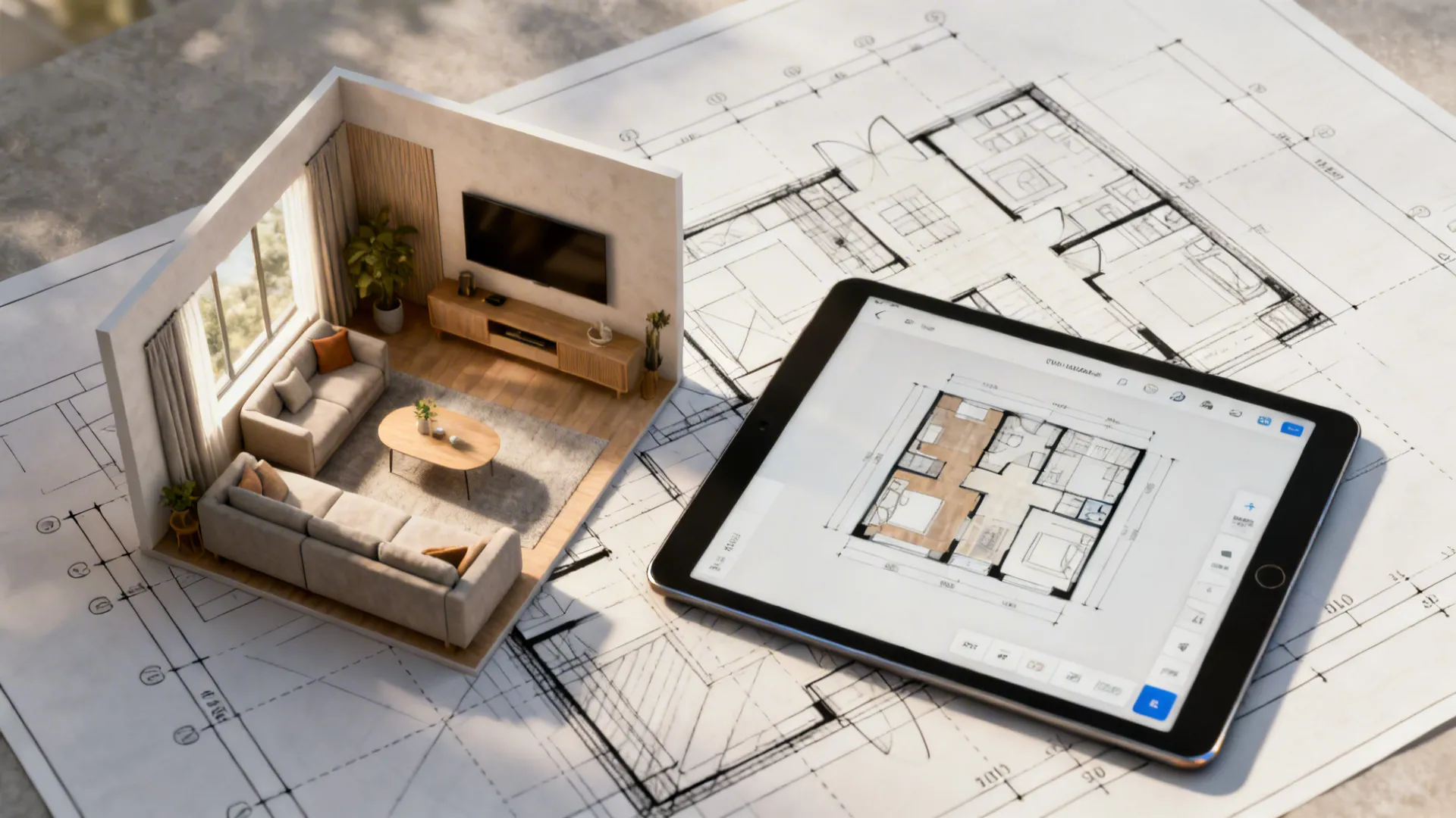 Top-down view showing a 3D floor planner mockup and a small living room layout for planning furniture placement.