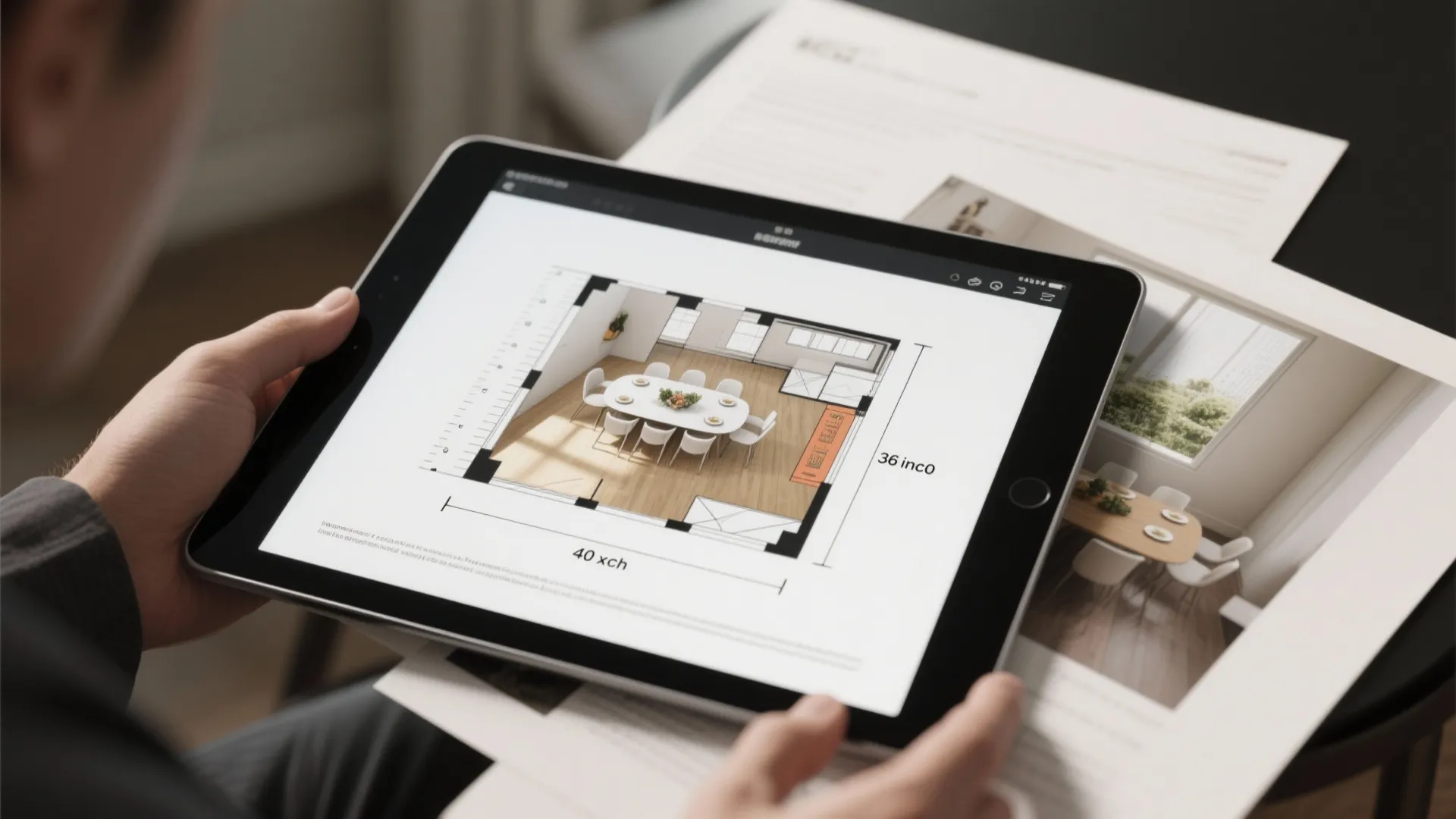 Person holding tablet showing a dining room interior design layout with table and white chairs