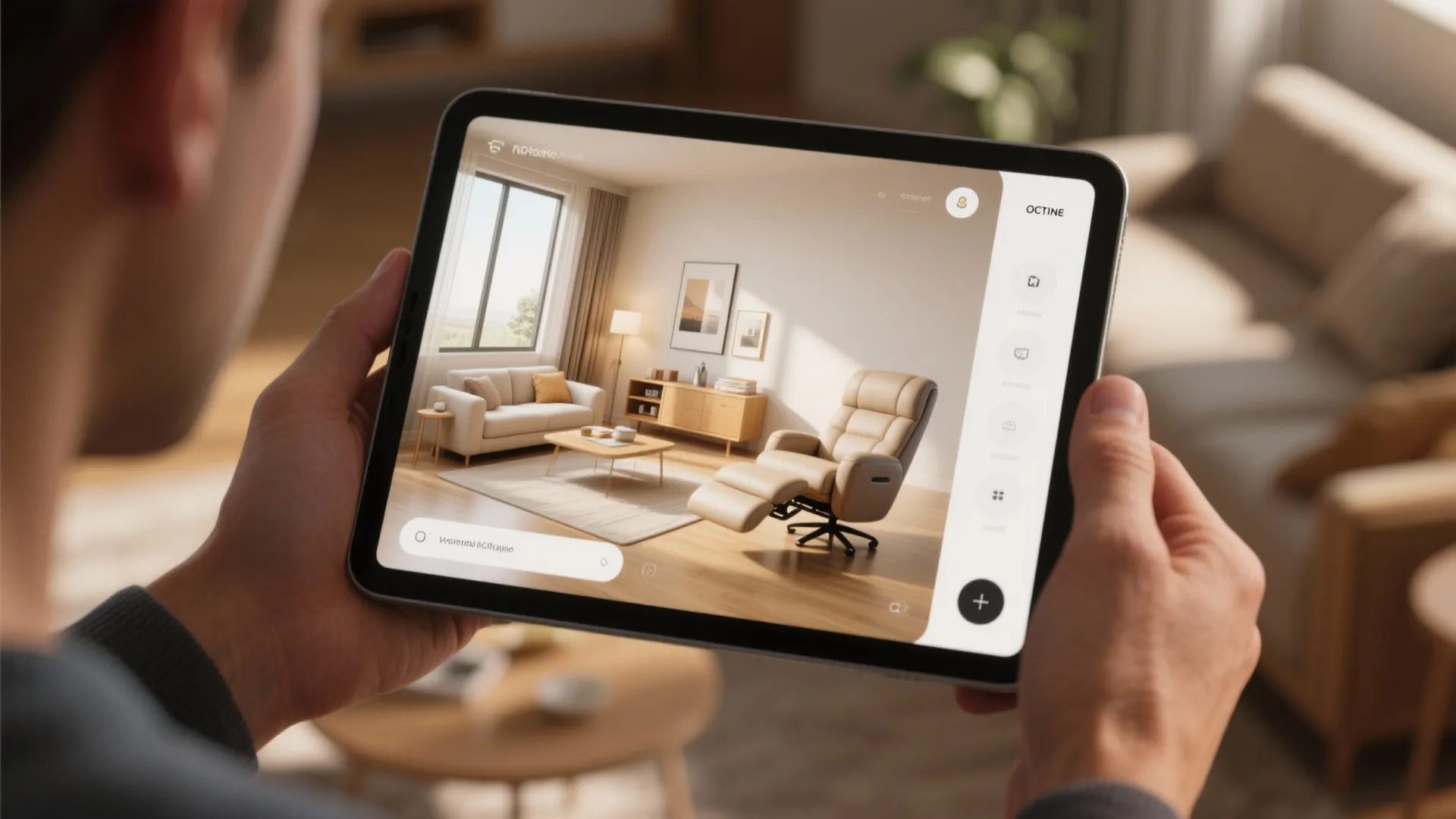 A person holding a tablet showing a 3D interior design drawing of a living room