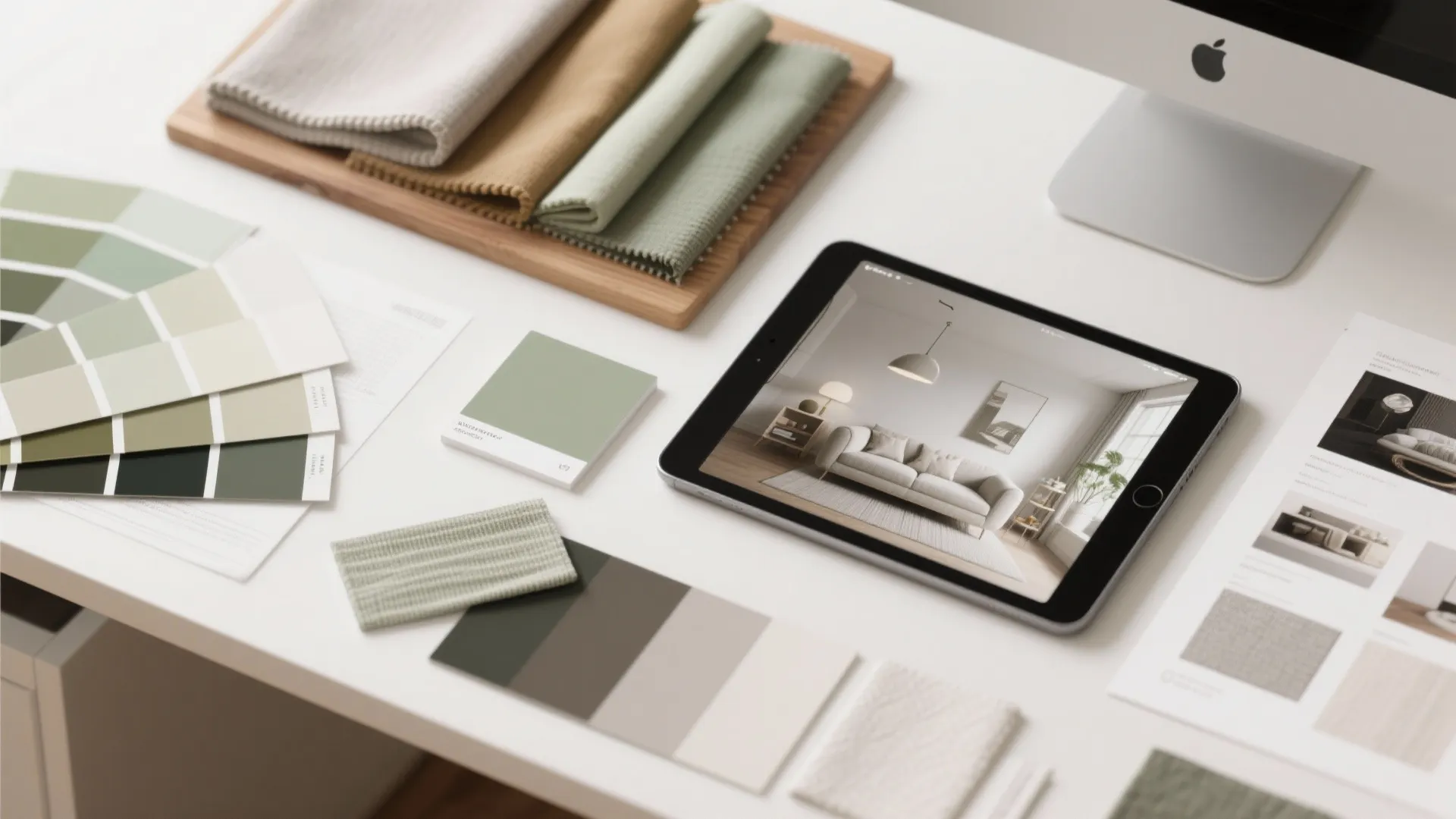 Digital tablet showing living room interior design drawing on white desk with fabric and colors