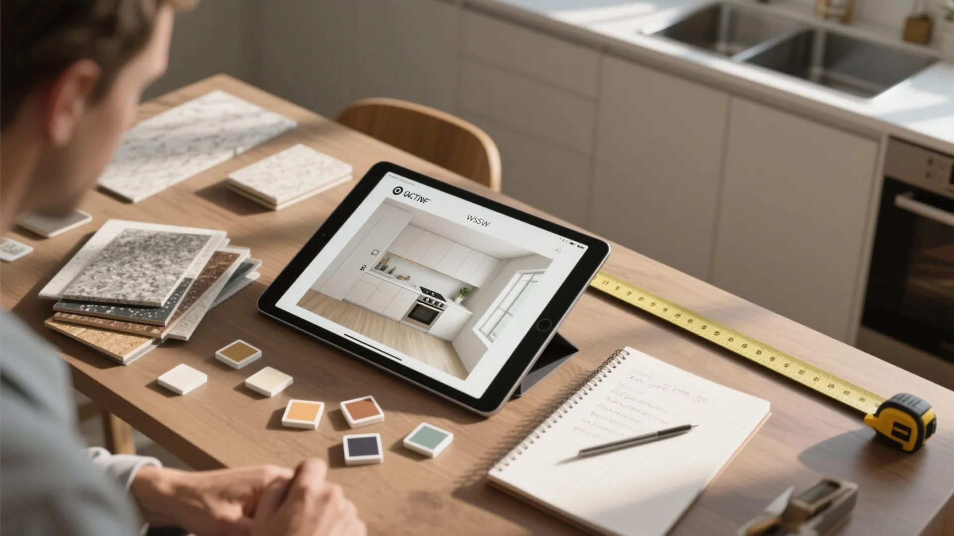 Interior designer using tablet to show white kitchen design with material samples and yellow tape