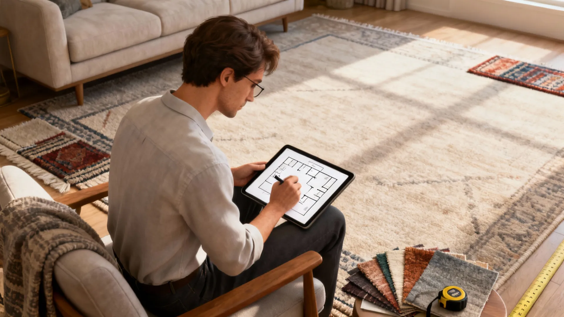 Designer sketching rug layouts with swatches and measuring tape to visualize rug sizes.