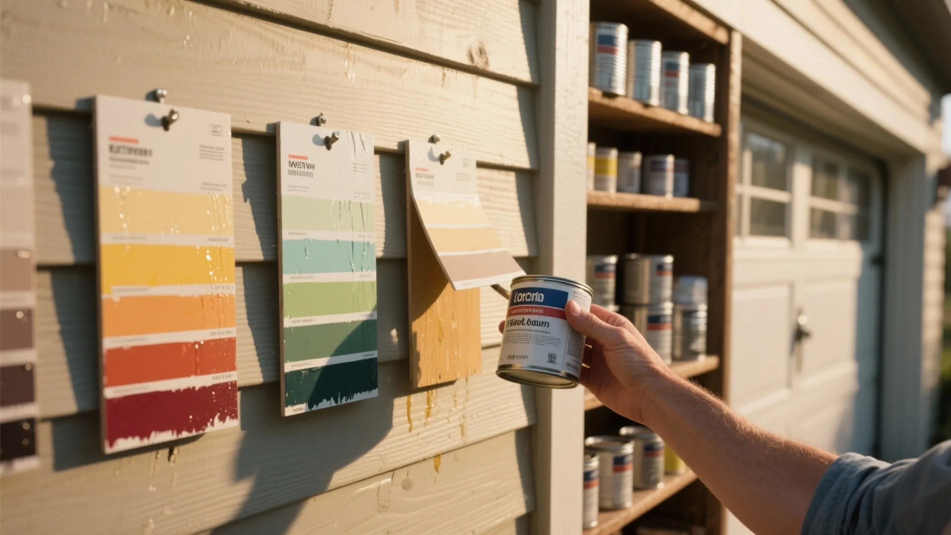 Painter and homeowner reviewing painted sample boards on siding and labeled leftover cans neatly stored.