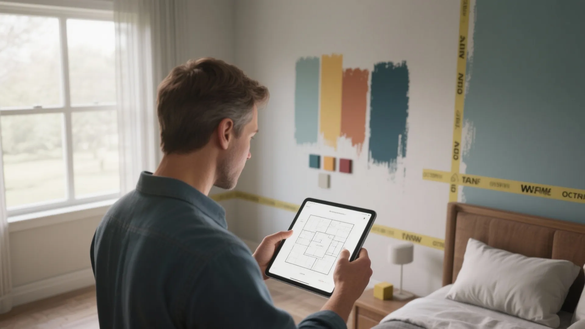 Man holding tablet showing floor plan in room with colorful paint samples on white wall