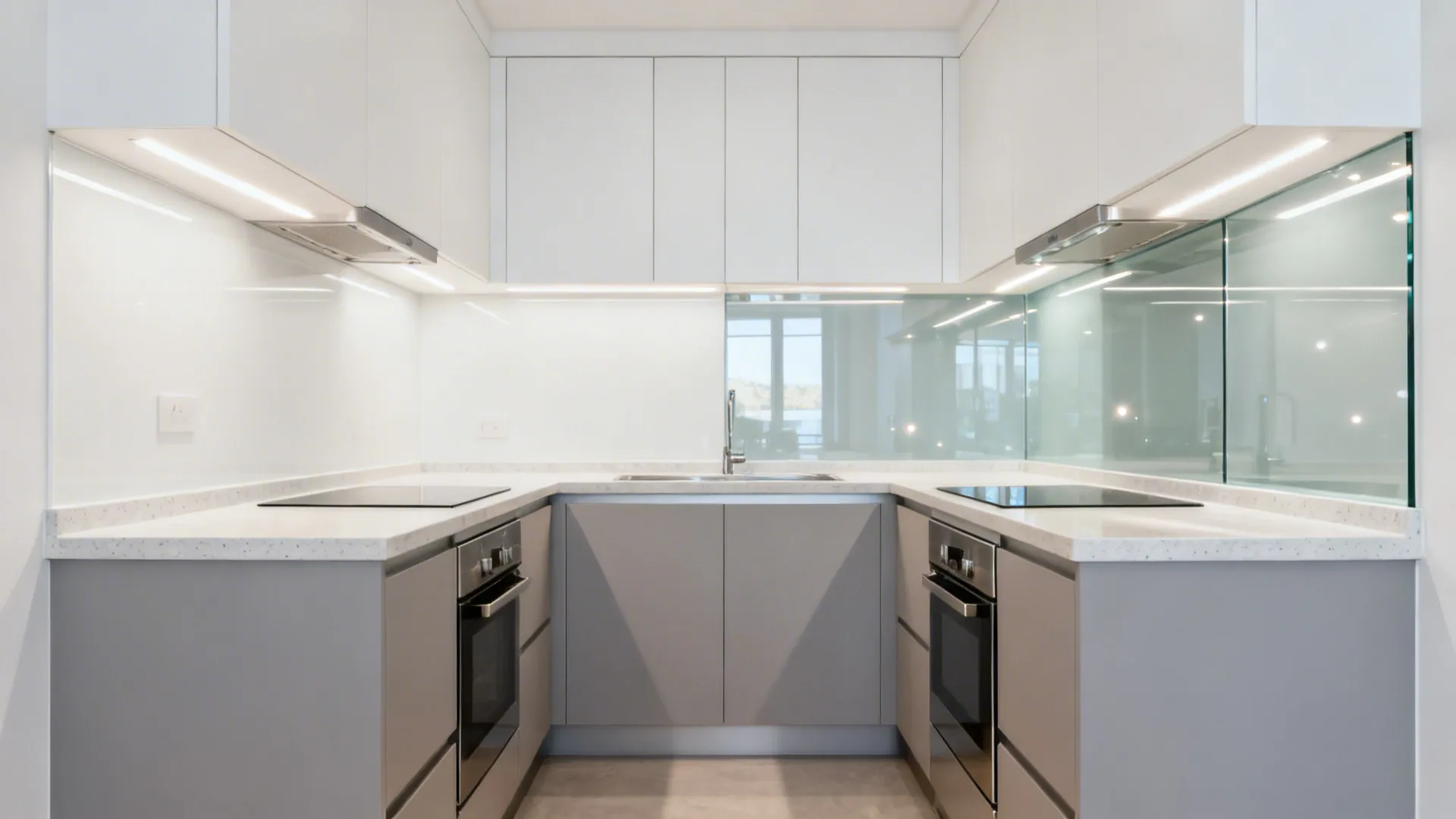 Side-by-side U-shaped kitchen shows a solid backsplash versus a low-iron glass backsplash with brighter reflections.