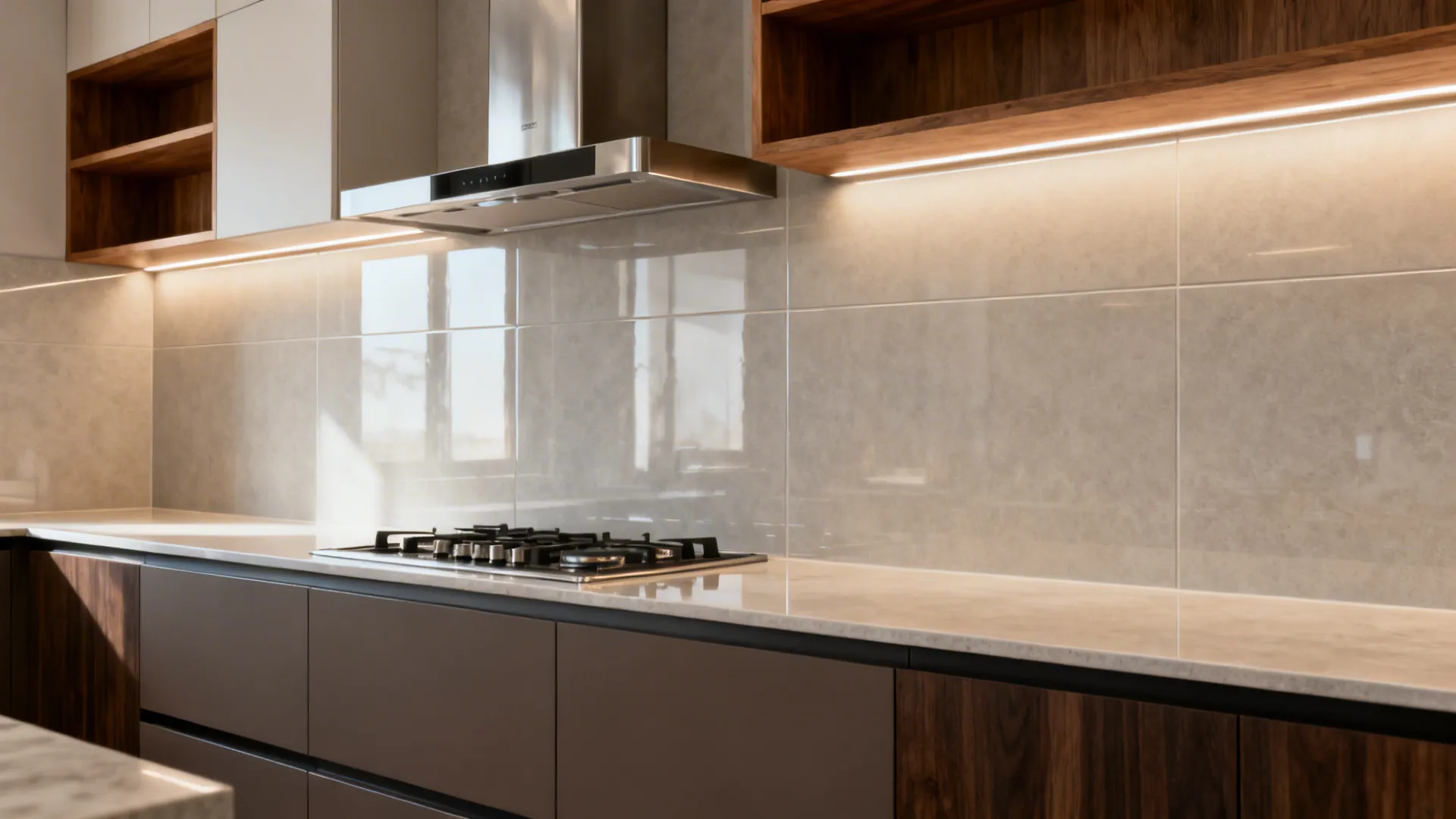 High-gloss vitrified tiles for backsplash and dado