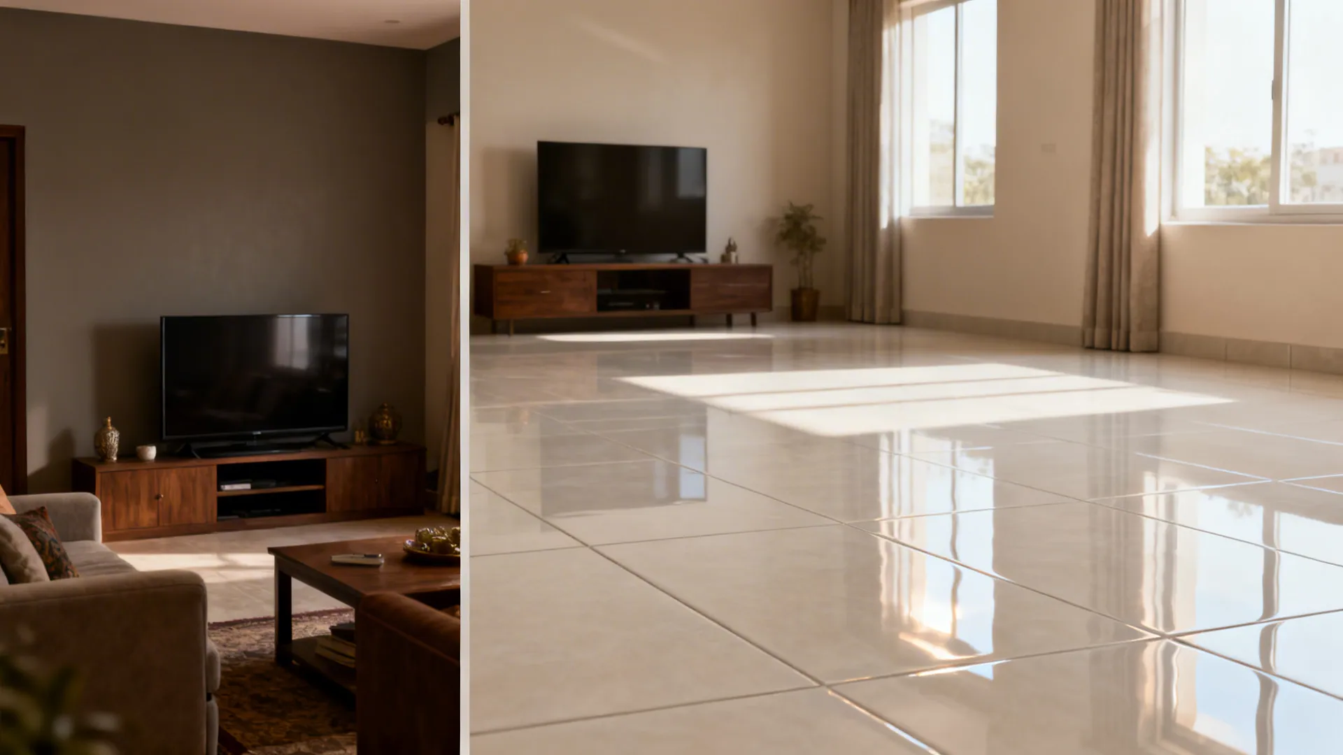 Comparison showing a dark living room versus a bright room with large shiny white floor