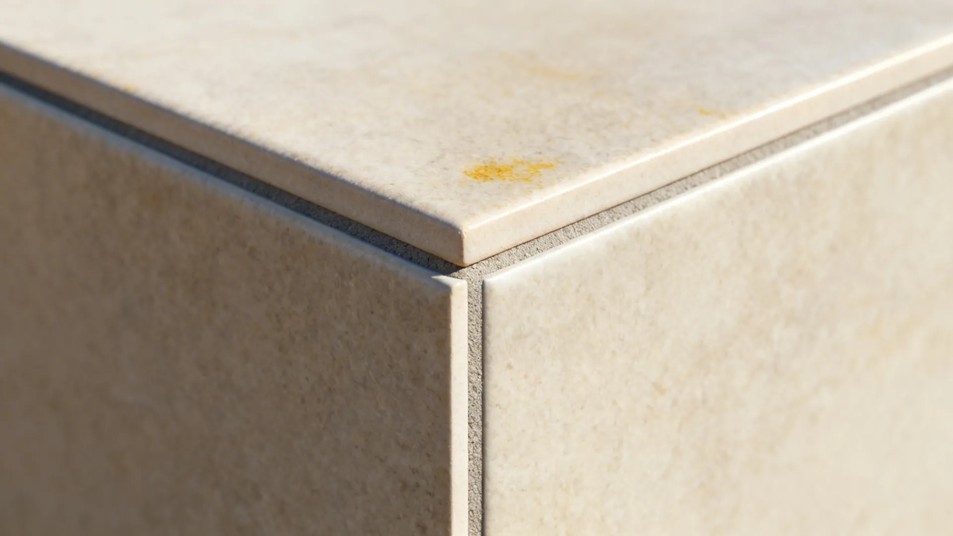 Macro of vitrified tile with rectified edge and tight grout joint resisting stains.