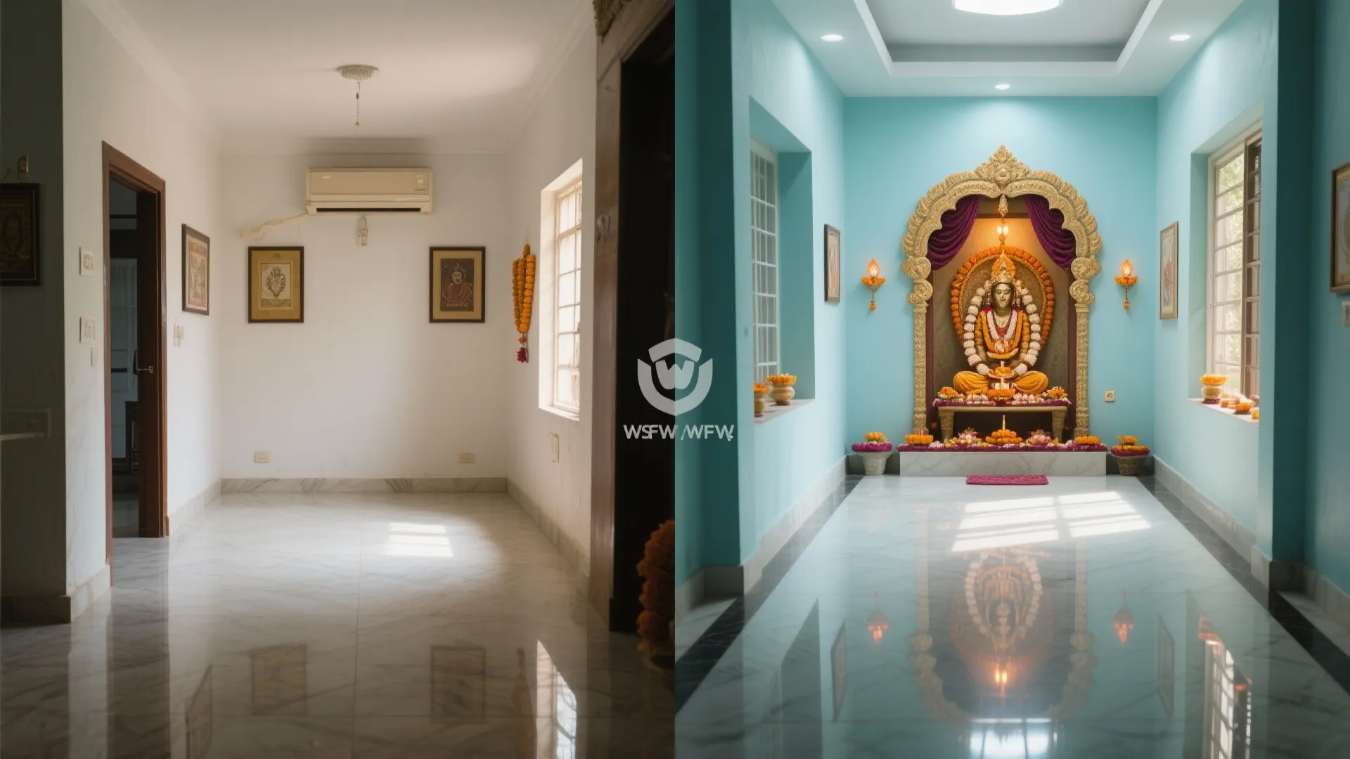 Before-and-after comparison of a simple white room and a decorated blue prayer room with statue