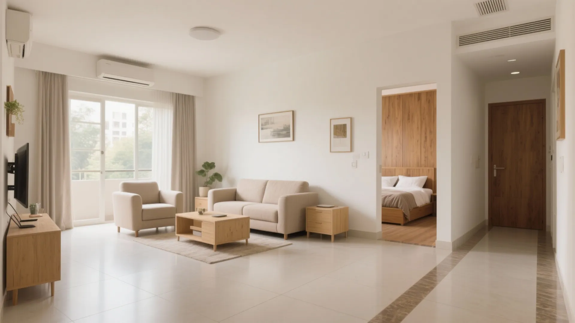 Large-format neutral vitrified tiles in a 2 BHK living room with warm laminate flooring in the bedroom section.