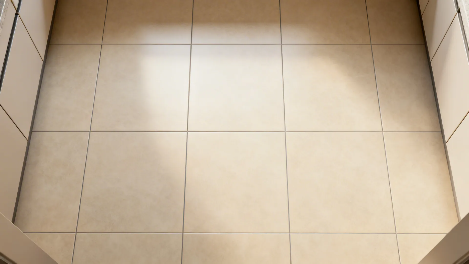 Top-down view of large-format vitrified tiles with minimal grout in a kitchen.