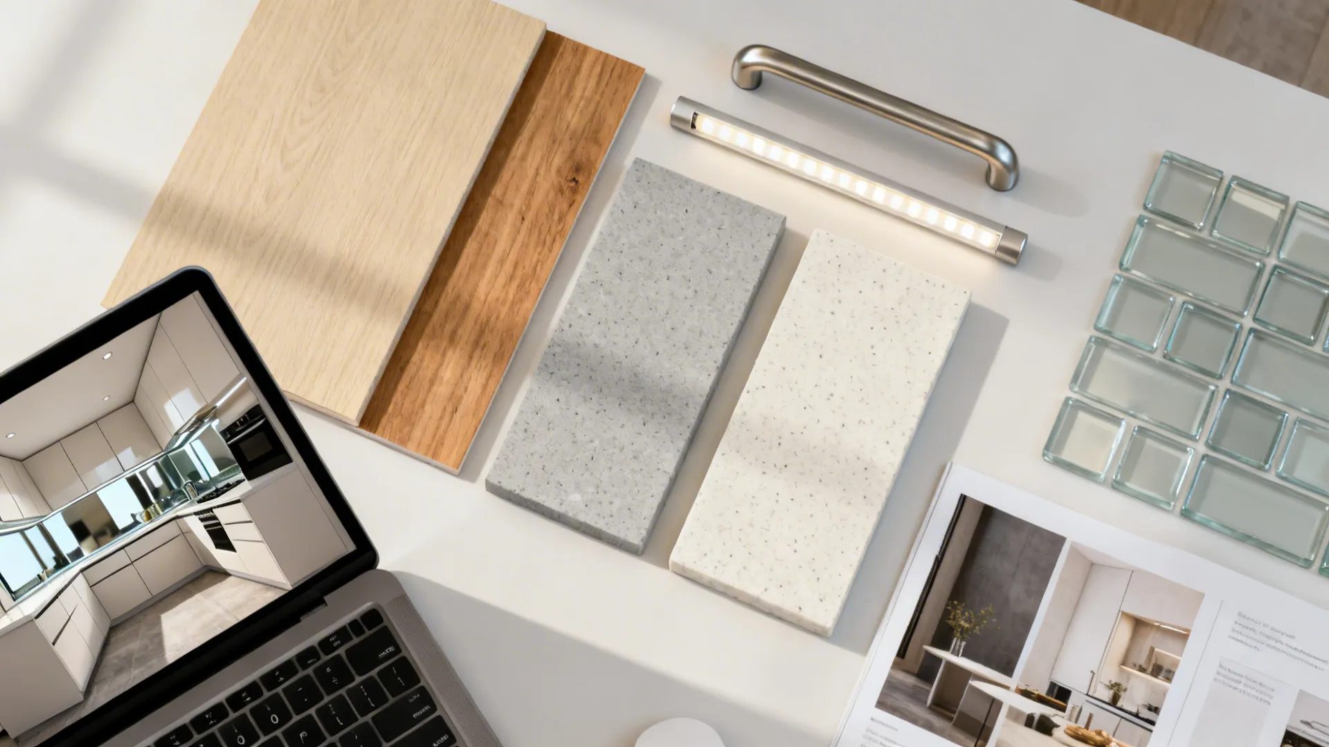 Flatlay of laminate and quartz swatches, glass backsplash sample, and a kitchen render thumbnail.