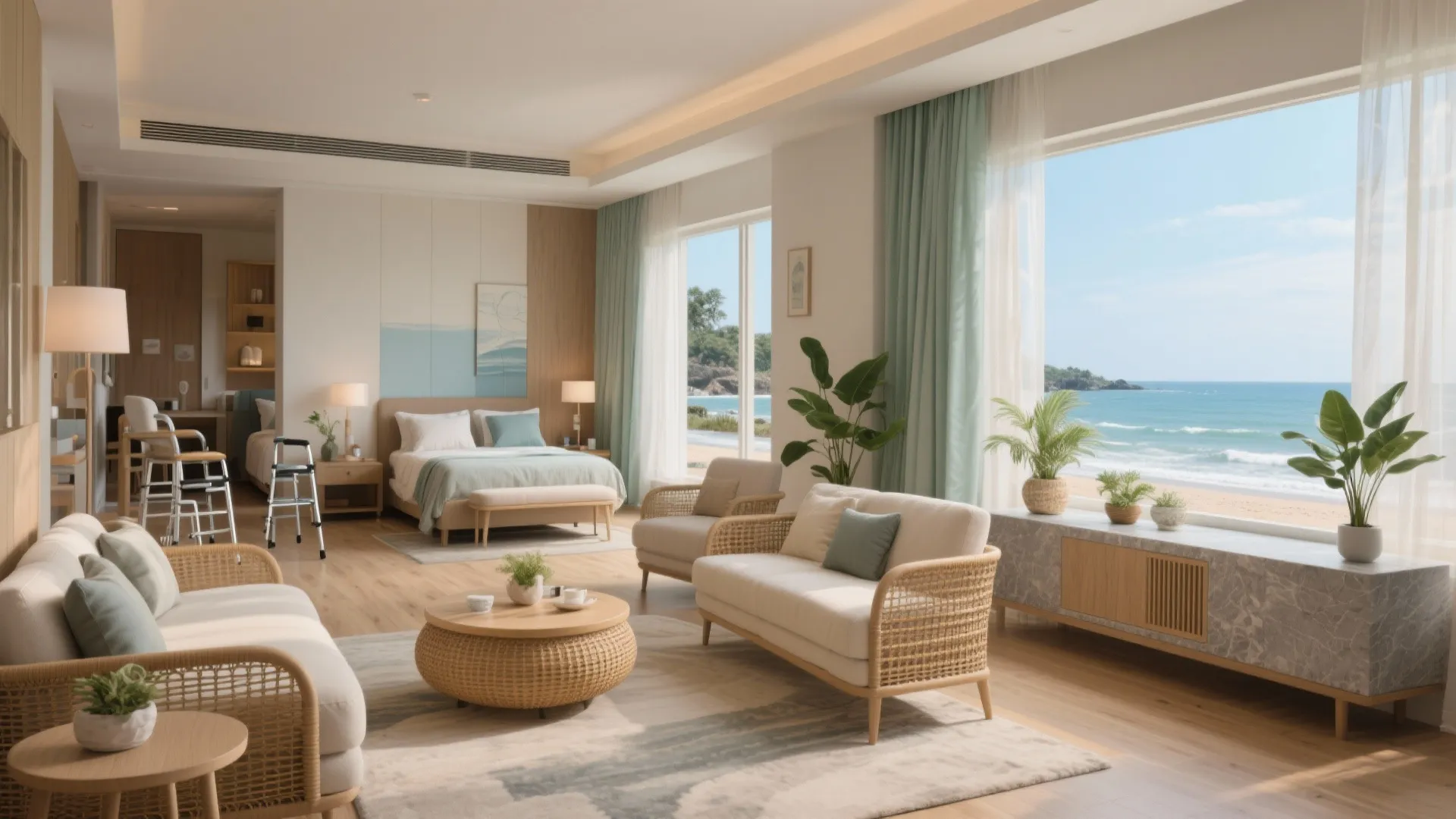 Bright open hotel suite with beige sofas wooden furniture bed and large window overlooking the ocean