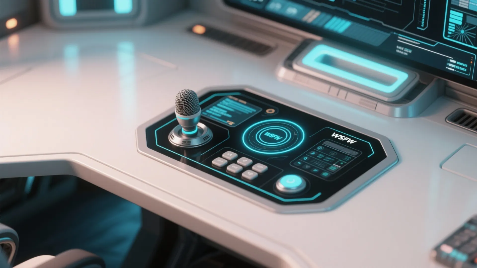 Futuristic voice control panel with small microphone and blue glowing digital screen on white desk