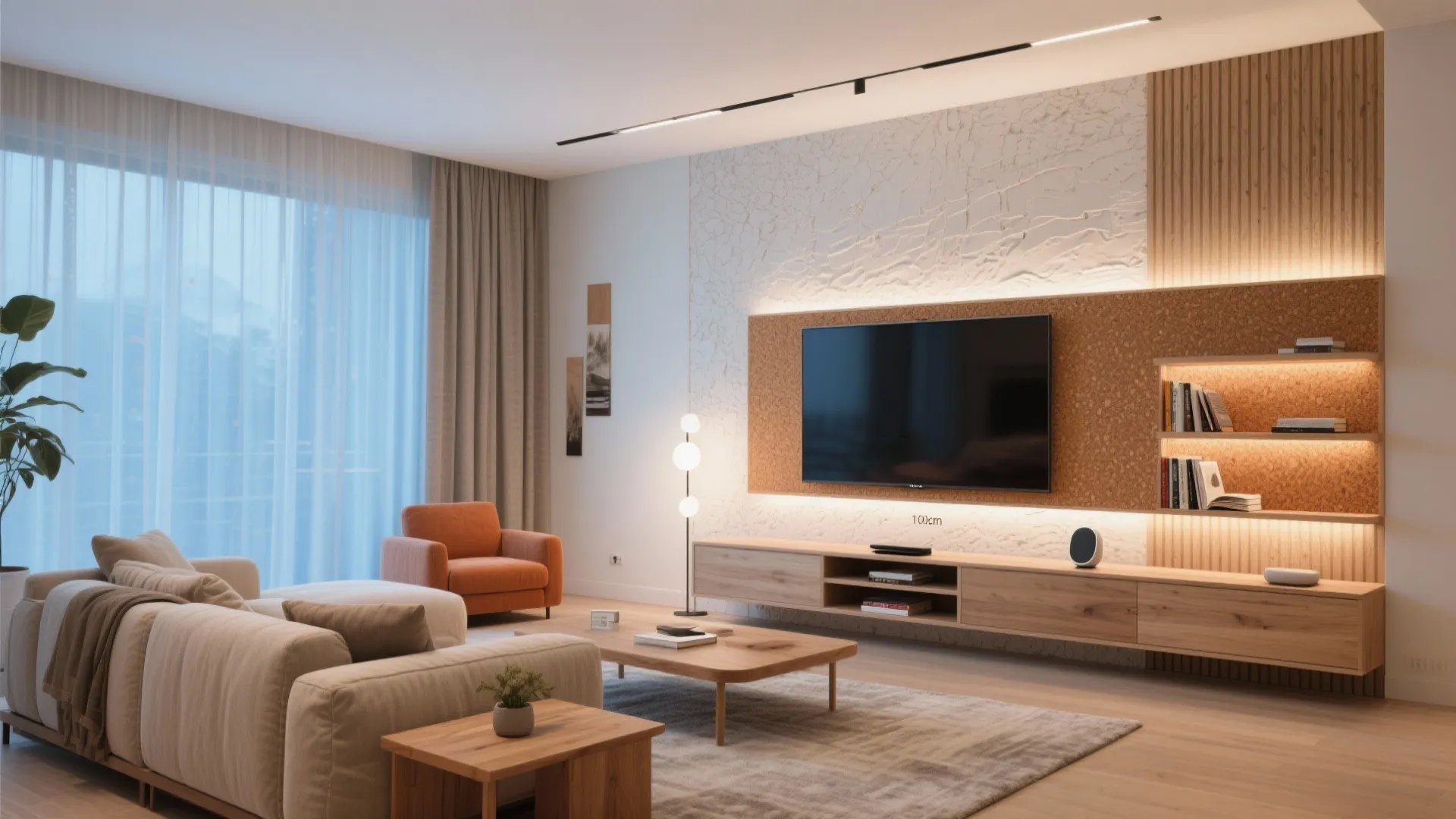 Modern living room with wall mounted TV plus wooden cabinet and beige sofa plus orange chair