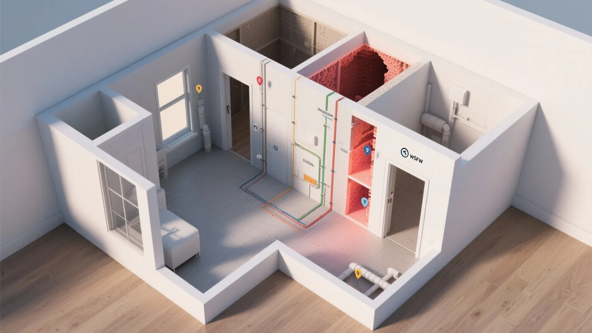 3D interior design drawing showing room layout with pipes and colored lines for utility planning