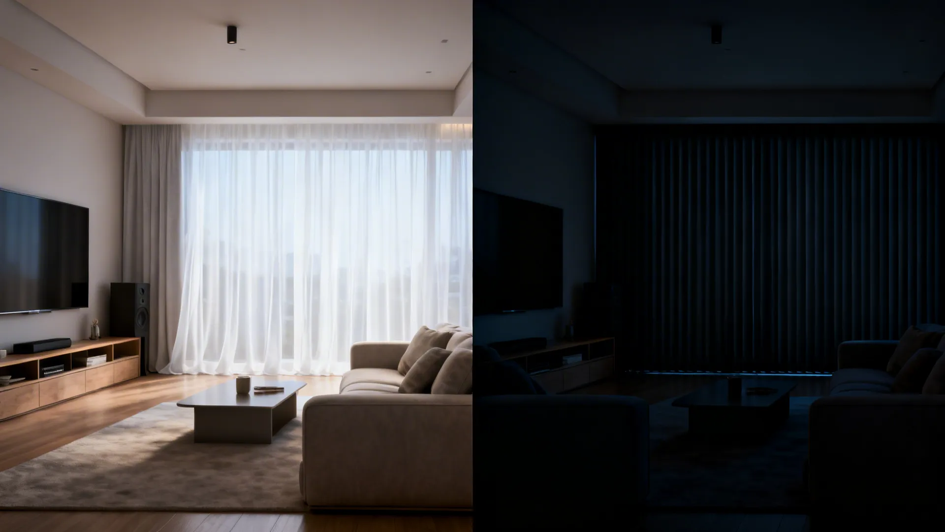 Layered white voile during day and blackout panel at night in a family room