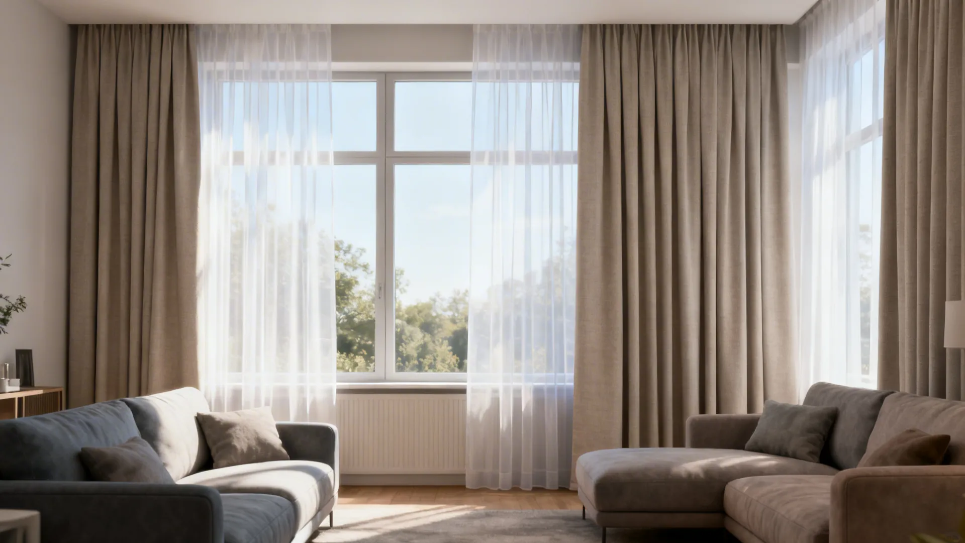 Family room with voile inner sheers and blackout panels layered to balance natural light and privacy.
