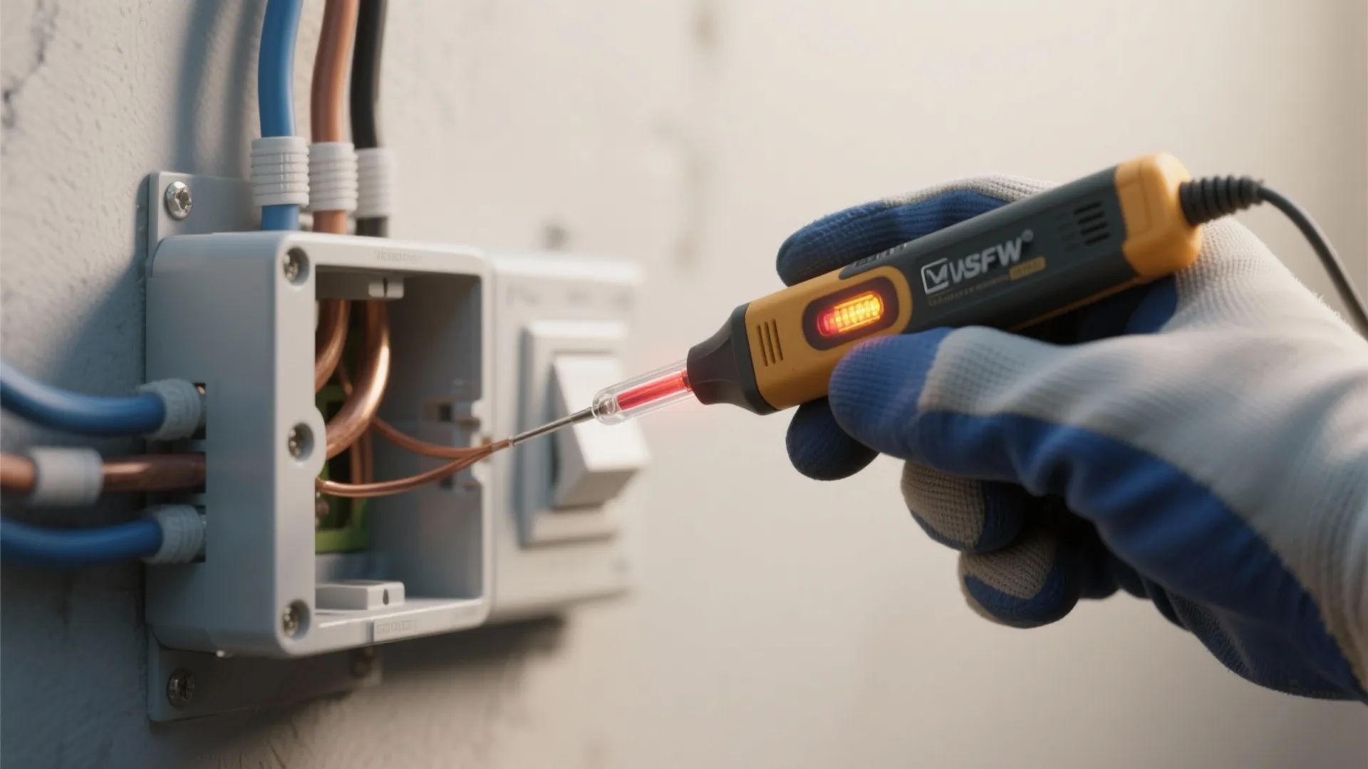 Gloved hand using a yellow voltage tester on copper wires inside a white wall box
