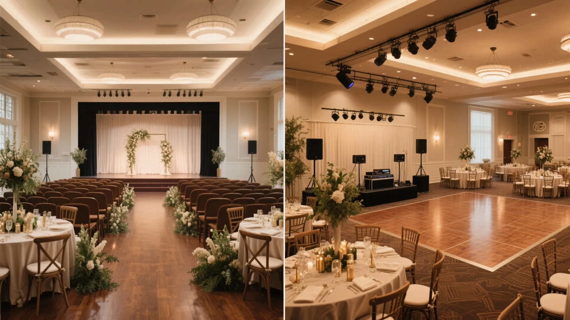 Large wedding hall showing ceremony seating with flowers and a reception area with round tables