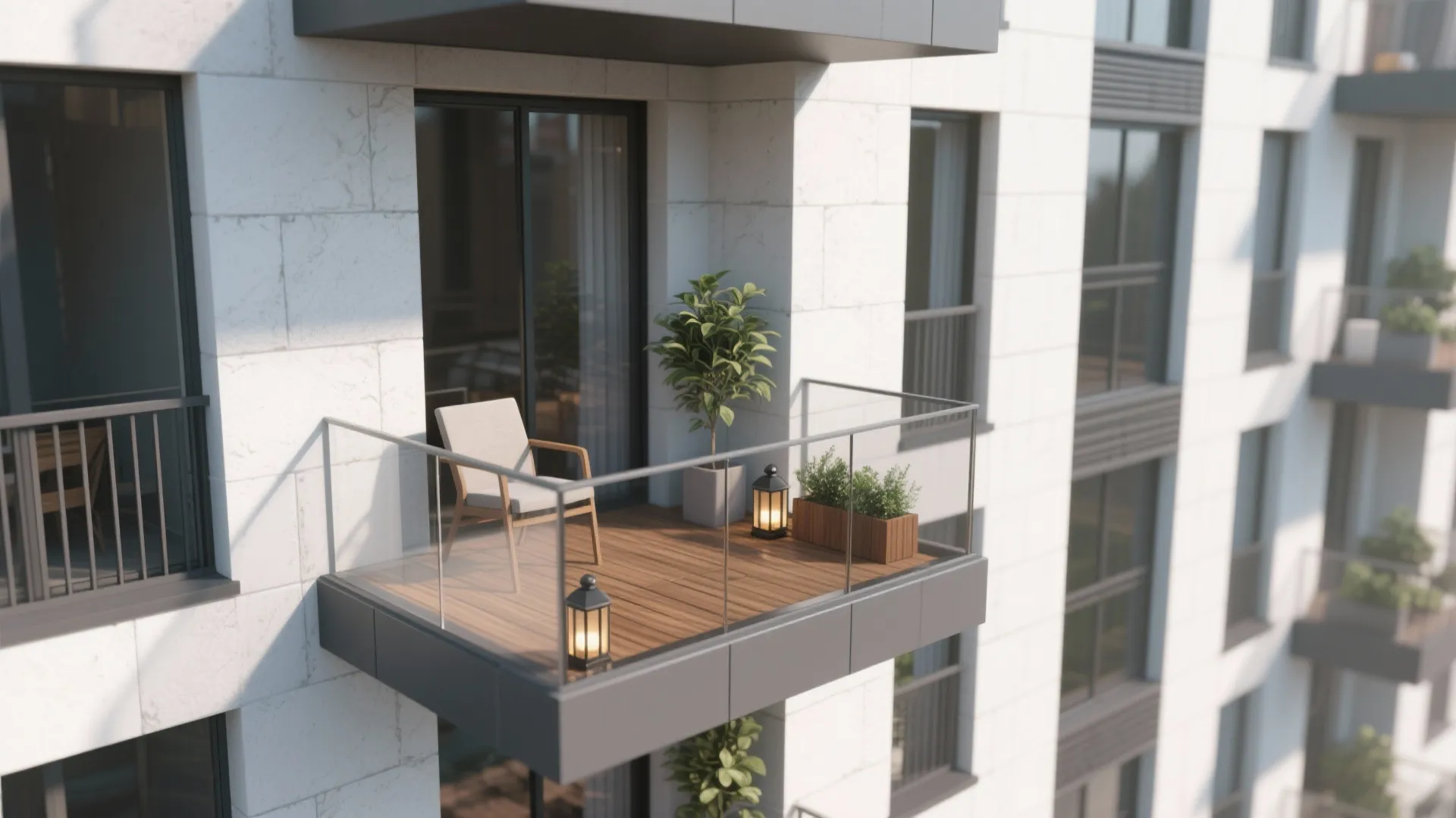 Modern apartment balcony with wooden floor glass railing white chair green plants and two black lanterns