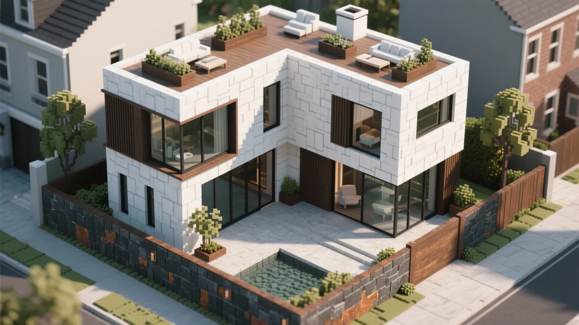 Modern white block house interior design drawing with roof garden patio pool and large glass windows
