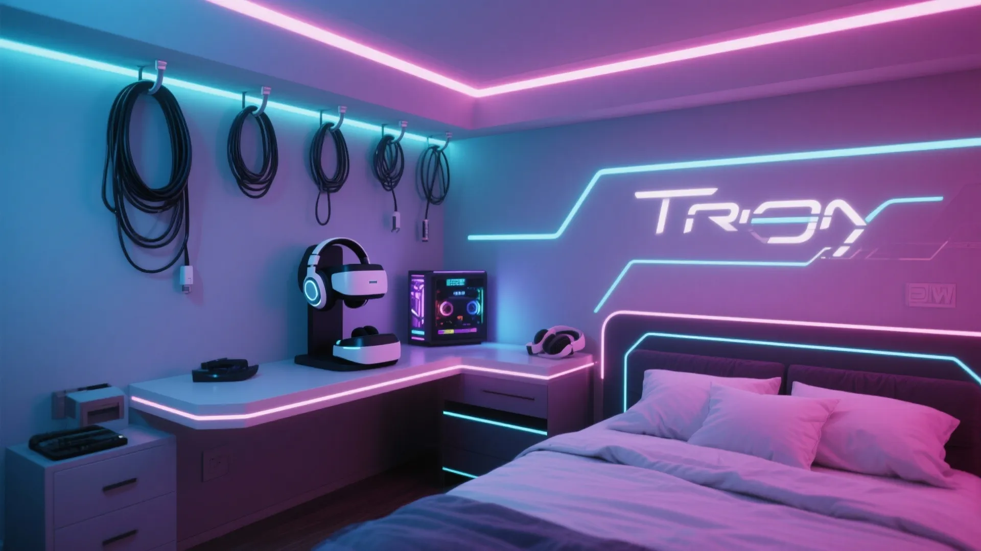 Futuristic bedroom with neon pink and blue lights featuring a gaming desk and vr headset