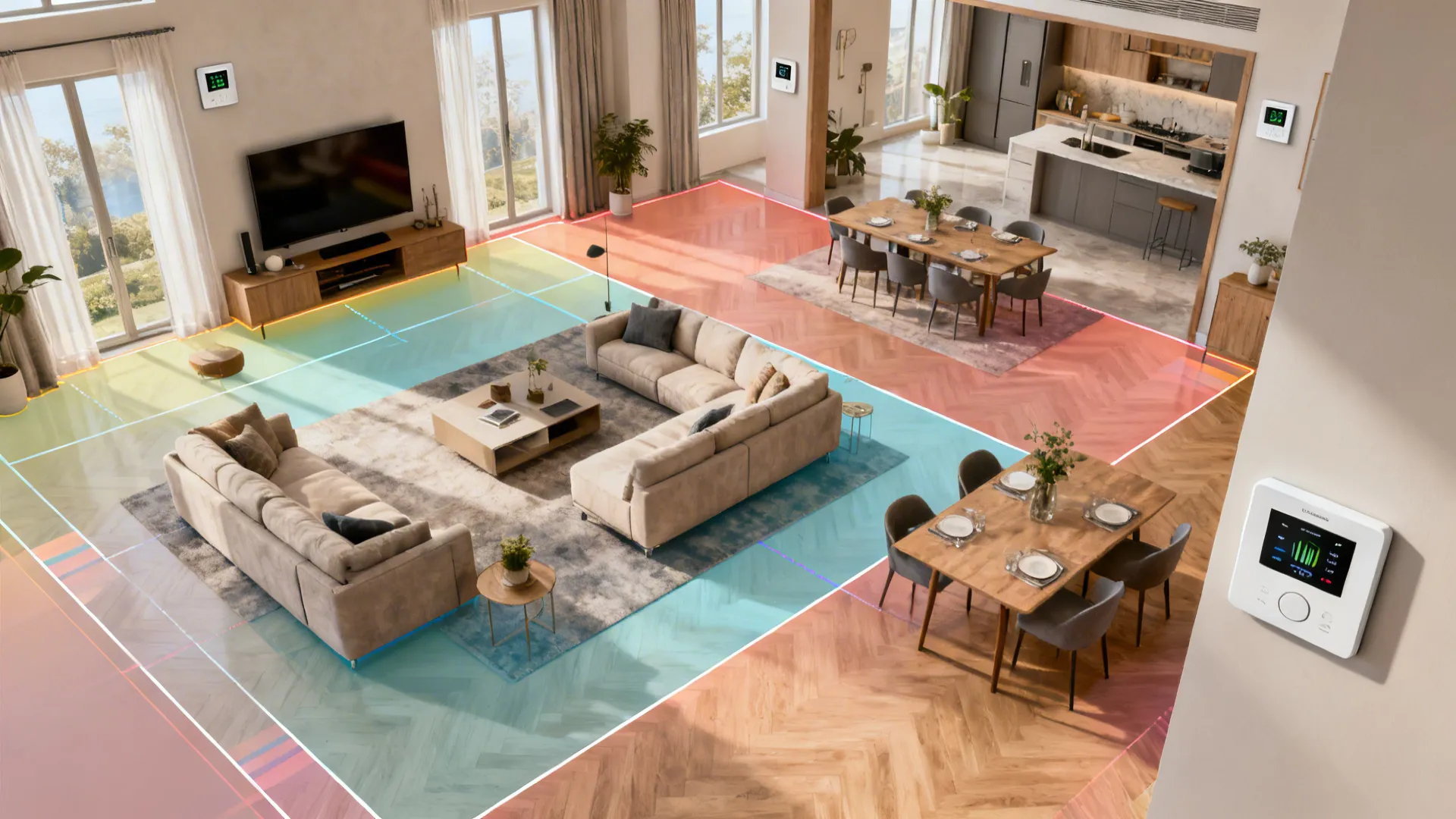 Top-down layout of a large living room with multi-split or VRF zones highlighted for independent cooling