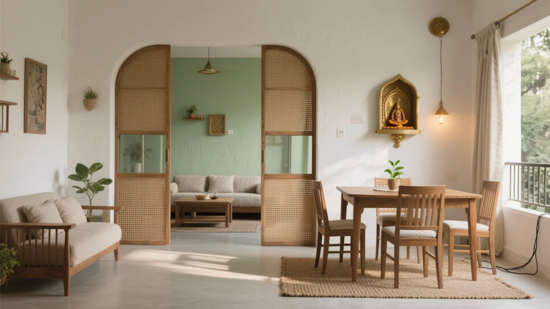 Bright living area with wooden dining table chairs sofa and arched woven doors leading inside