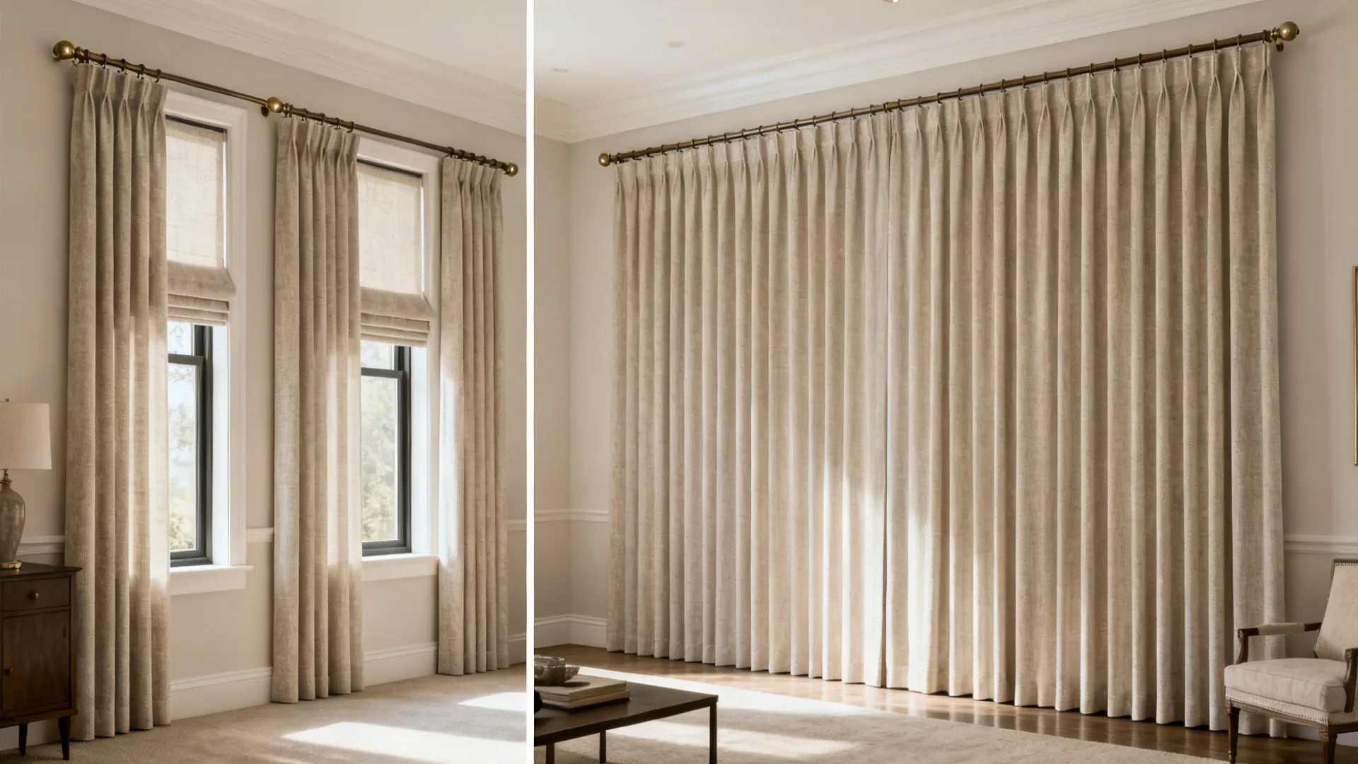 Before and after comparing separate short curtains versus wall-to-wall full-height drapery.