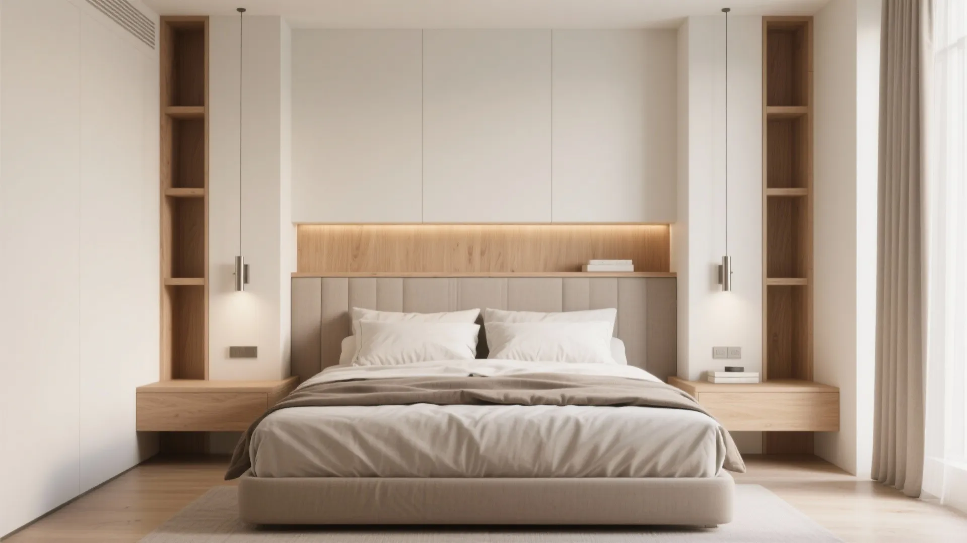 Wall-to-wall headboard with integrated storage