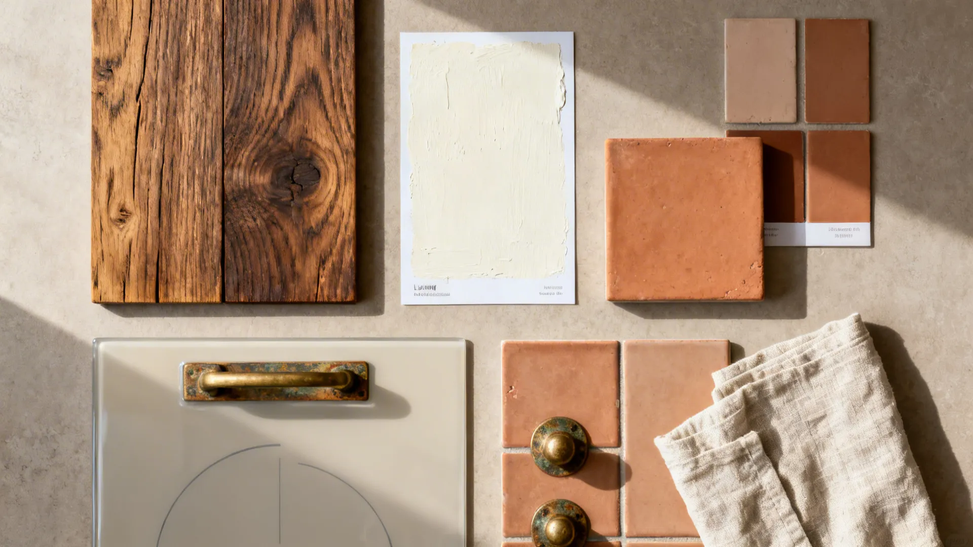 Flat lay of wabi-sabi kitchen materials including smoked oak, limewash, clay tones, and matte ceramics.