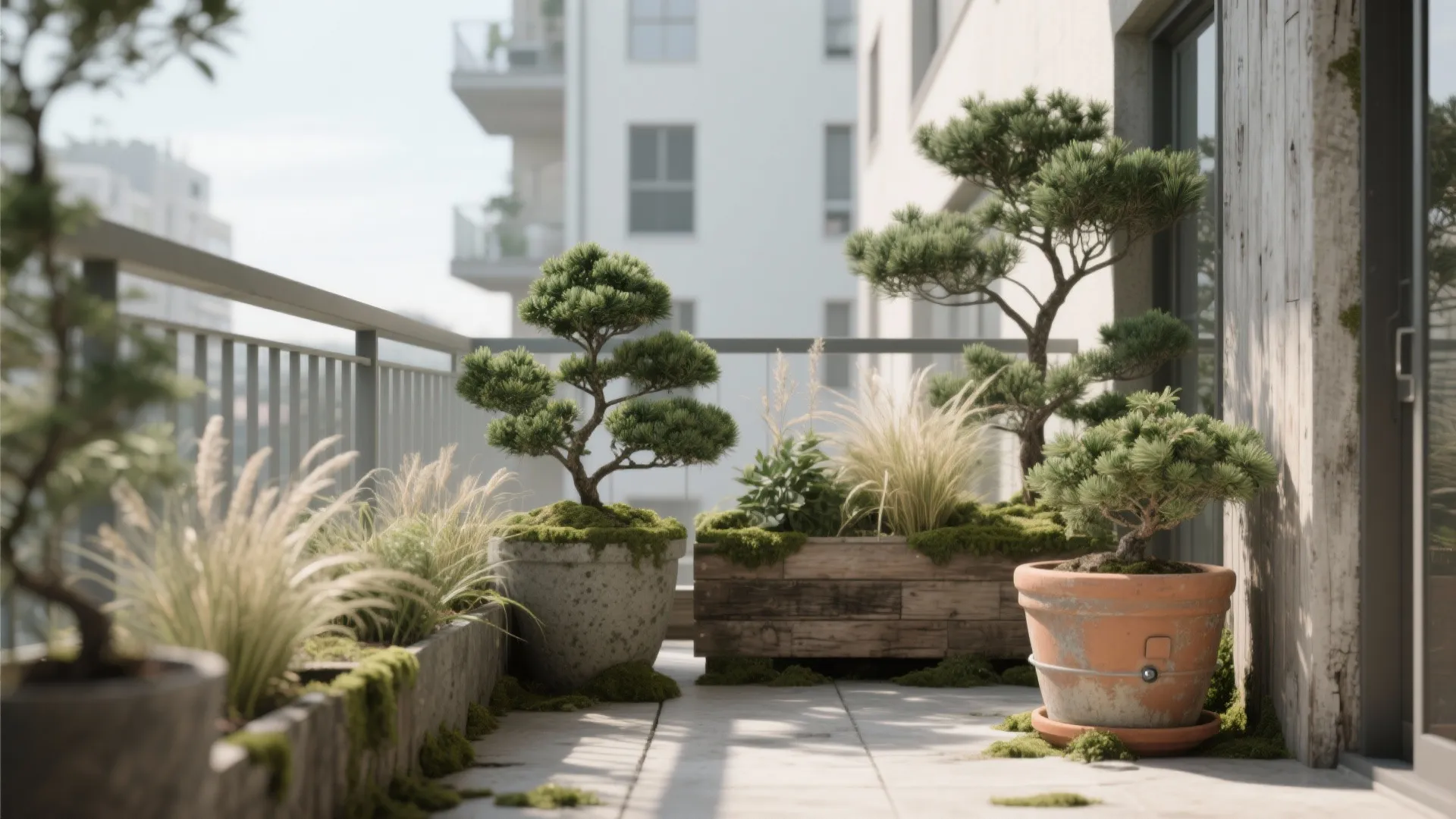 Wabi-sabi balcony planting with evergreen structure, seasonal grasses, and mossy terracotta pots.
