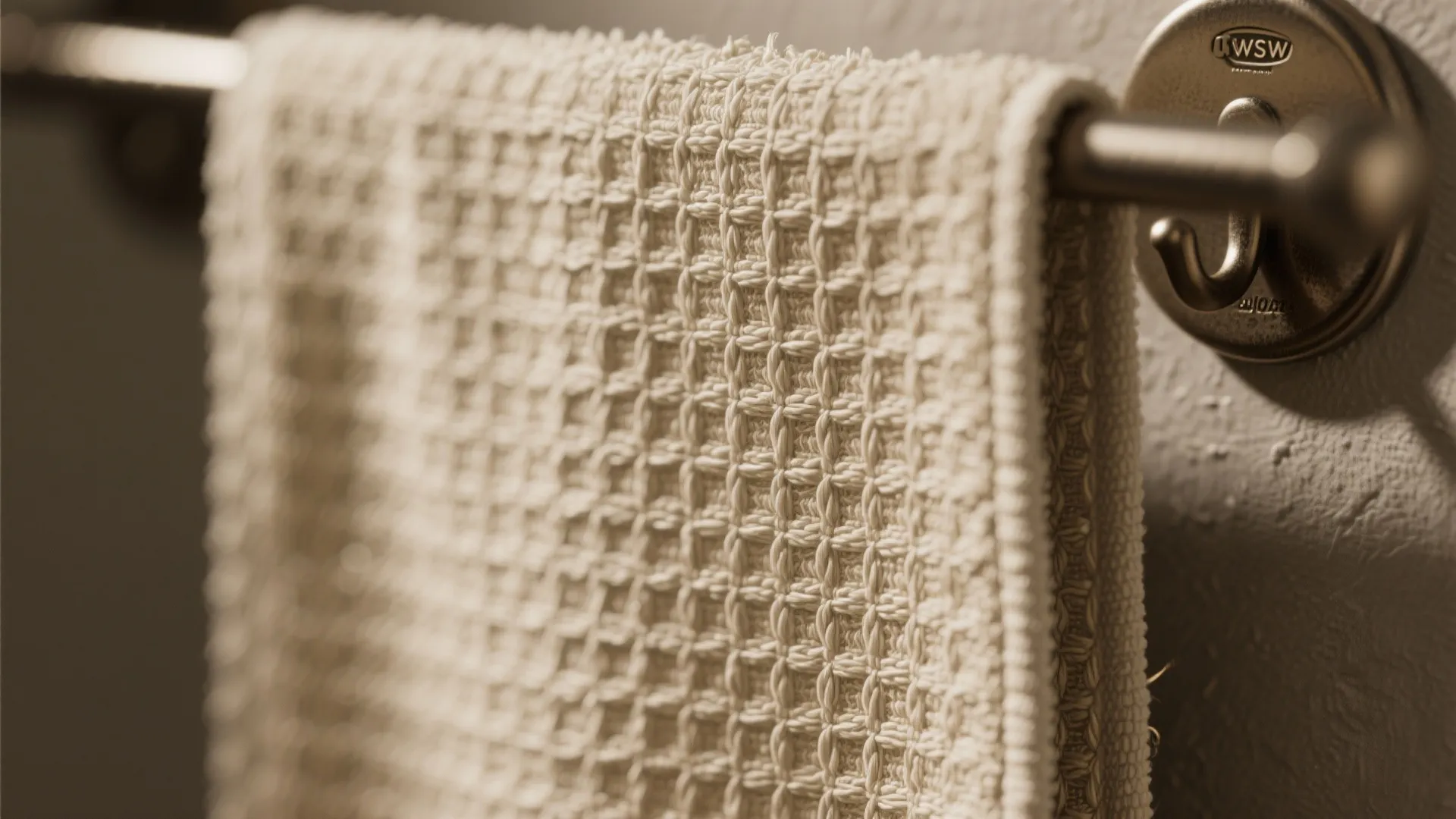 Close up view of a beige textured cotton towel hanging on a metal wall hook