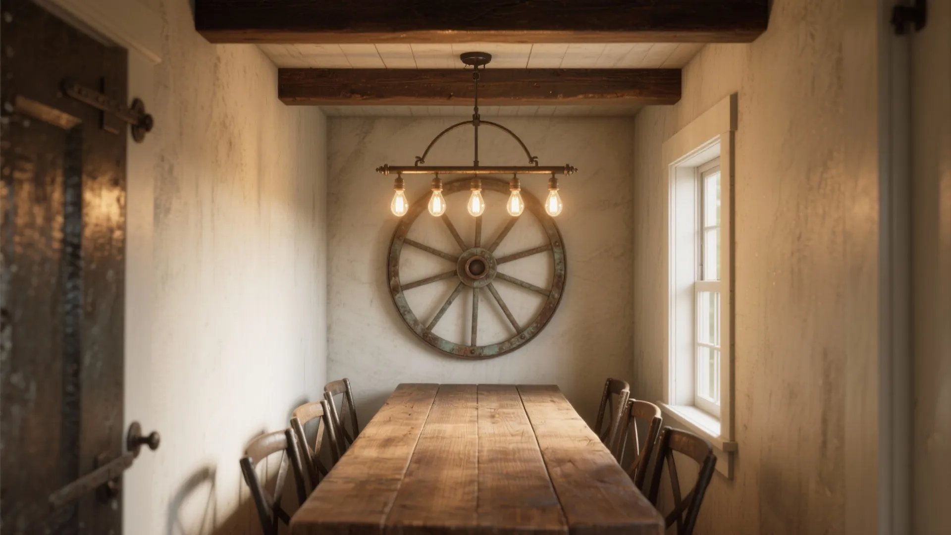 Vintage dining room with a wagon wheel ceiling light above a long rustic wooden table