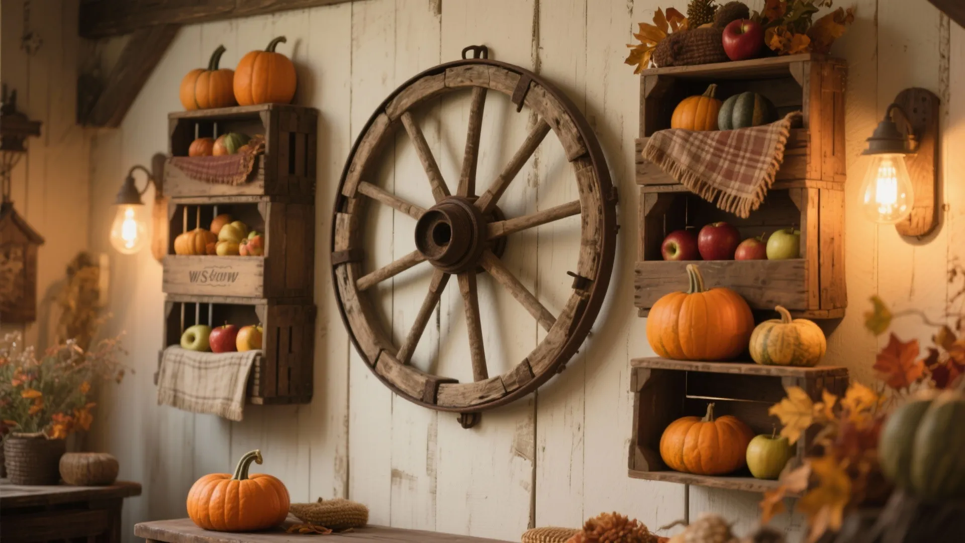 Wagon wheel framed by wooden crates filled with autumn produce