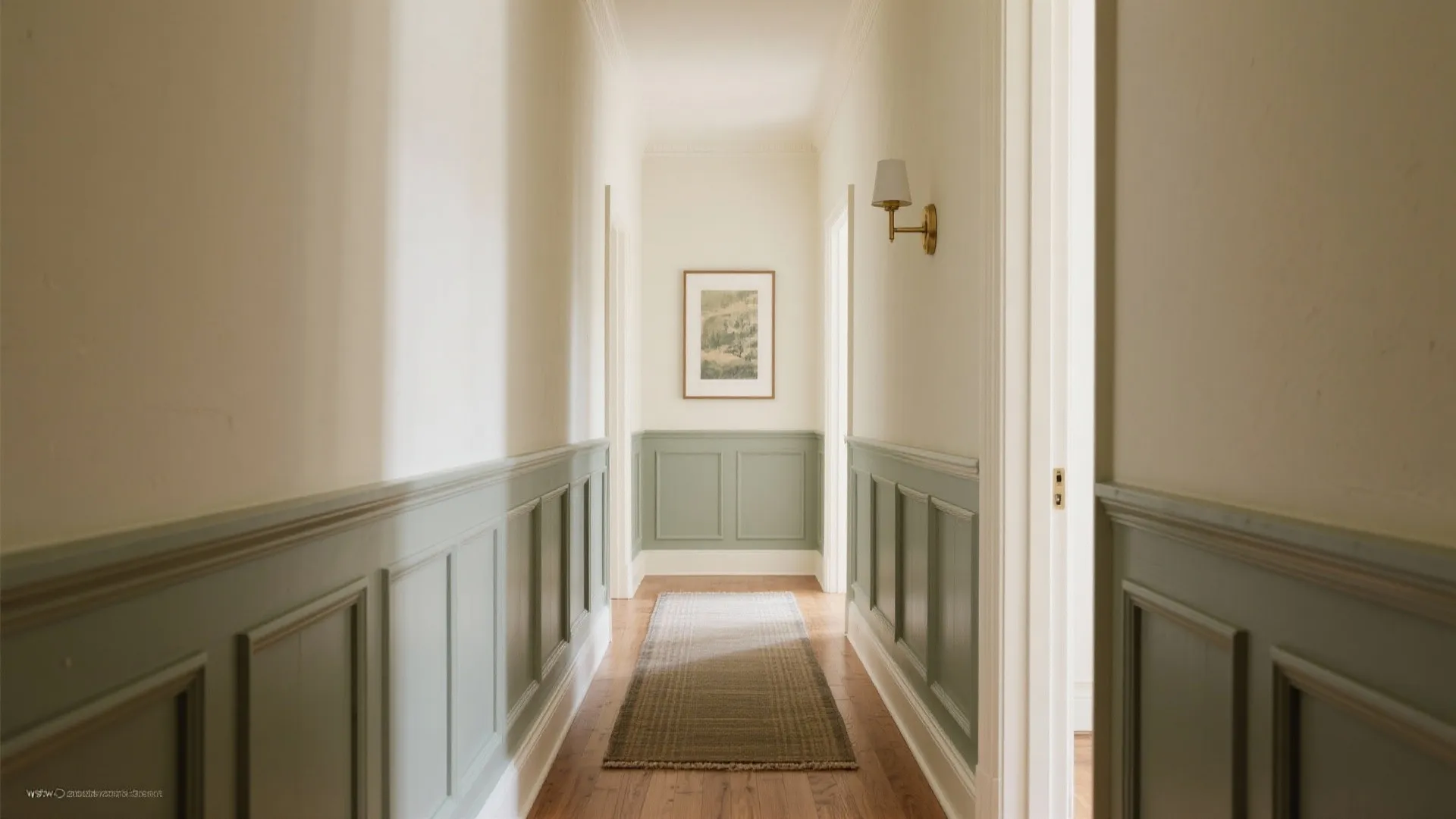 Bright hallway with white upper walls green wall panels wooden floor rug and framed wall art