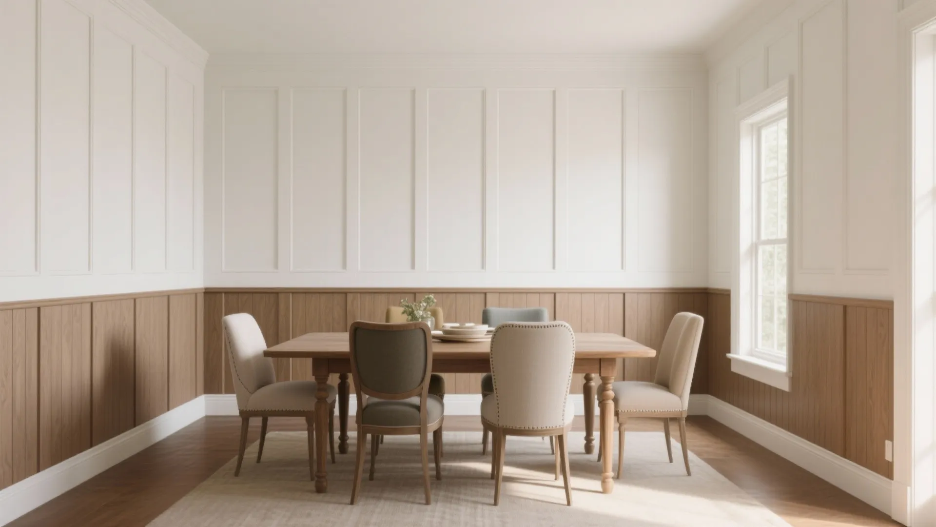 Dining room with white wall panel on top and wood wall panel on the bottom