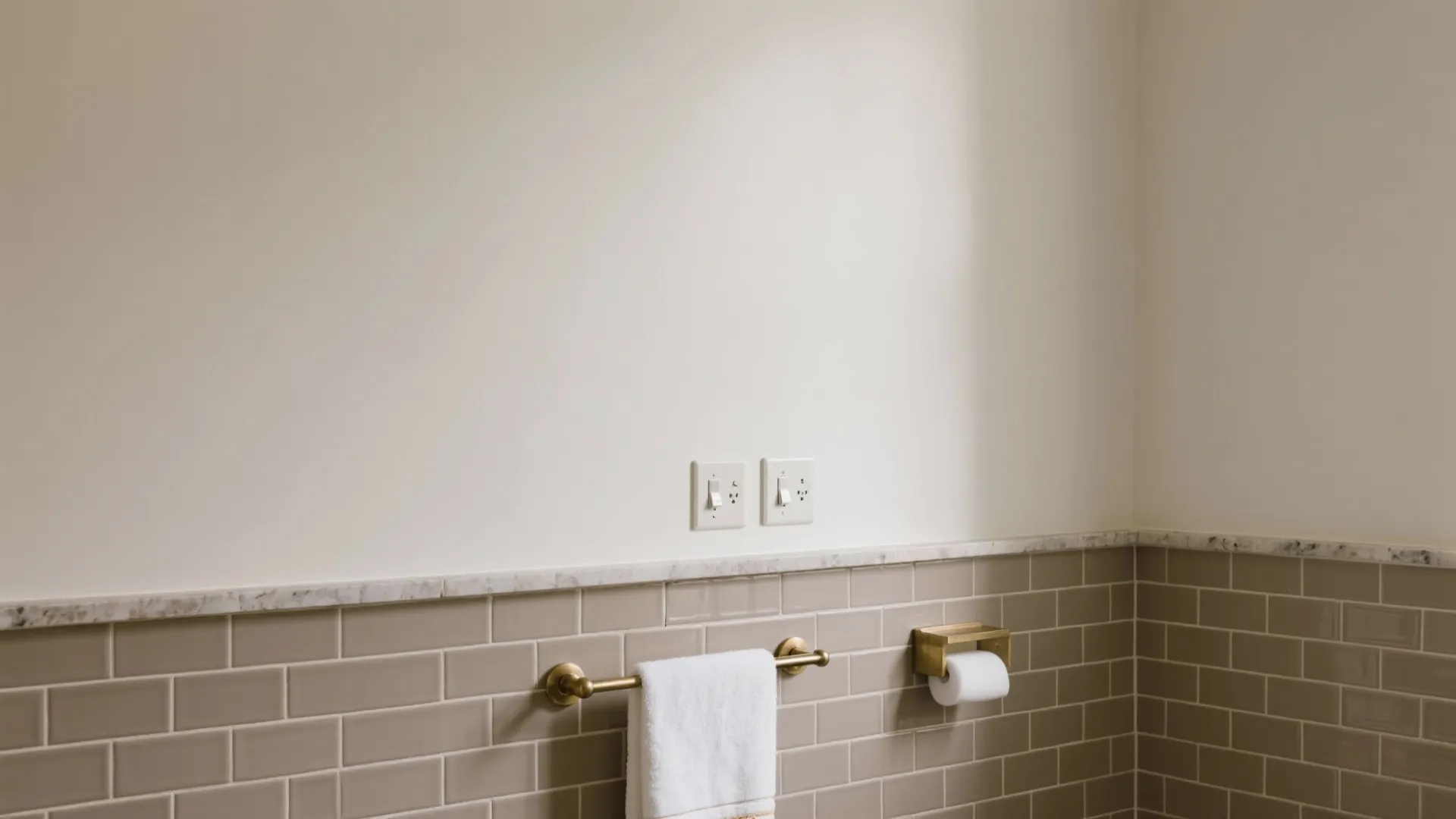 Bathroom wall with light brown wall panel tiles white paint gold towel rack and toilet paper