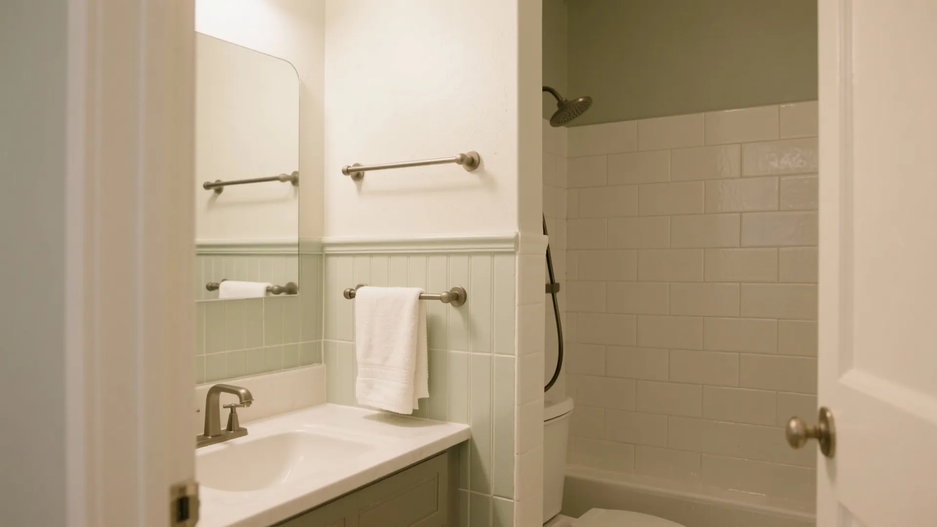 Traditional bathroom featuring light green wall panel white subway tiles sink mirror and white towel rack